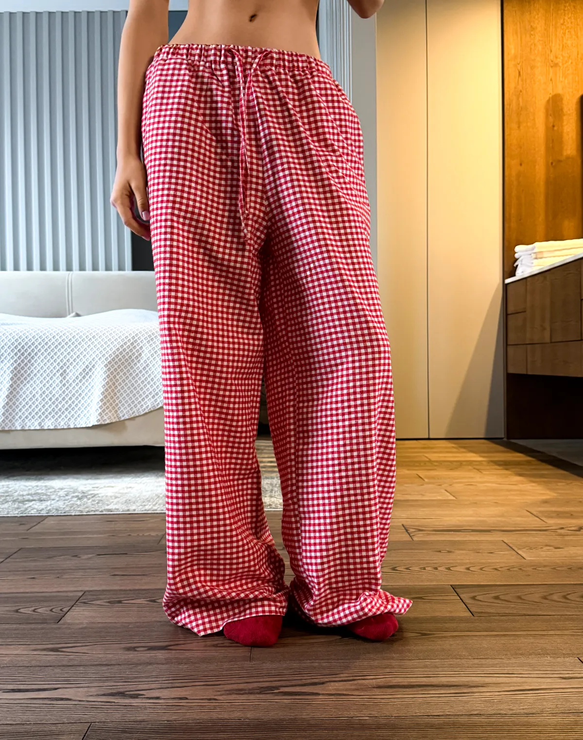 Штани піжамні осінньо-зимові, червоно-білі - Фото 1