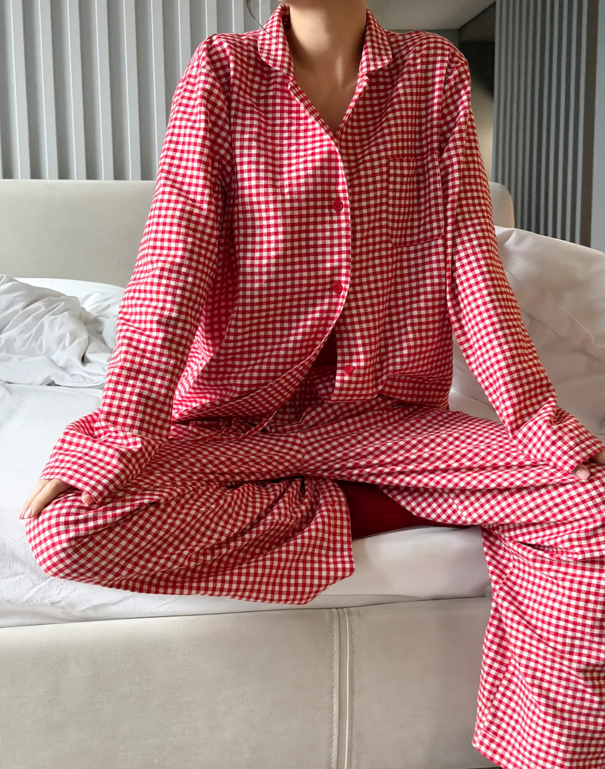 Піжамна сорочка осінньо-зимова, червоно-біла - Фото 8