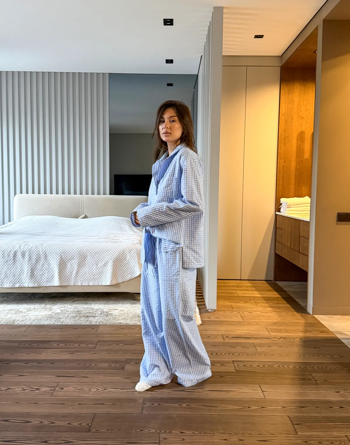 Штани піжамні осінньо-зимові, блакитно-білі - Фото 3