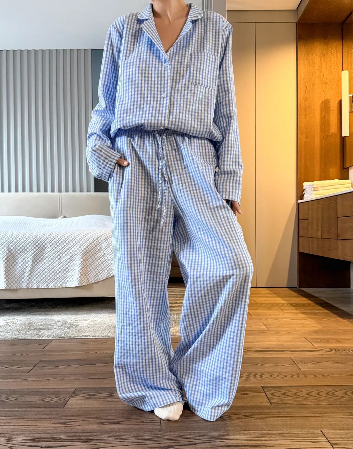 Комплект піжамний осінньо-зимовий сорочка та штани, блакитно-білі - Фото 5