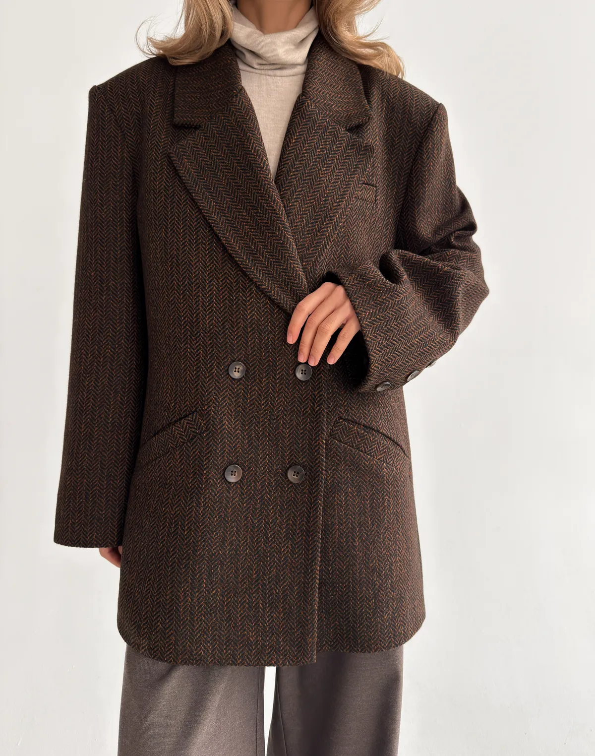 Жакет осінній оверсайз з двома рядами ґудзиків, бежевий - Фото 1