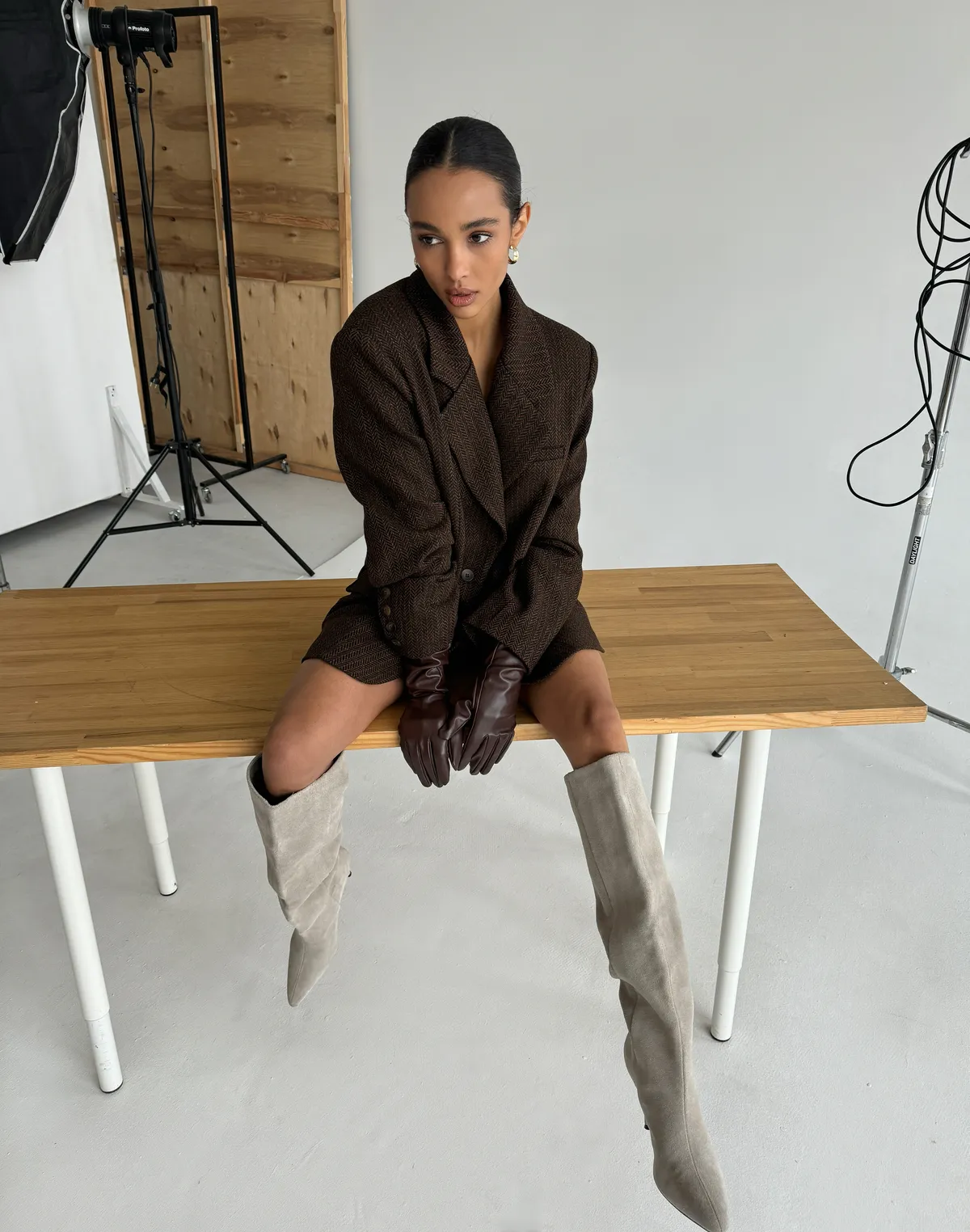 Жакет оверсайз вовняний у текстуру, бежевий - Фото 8