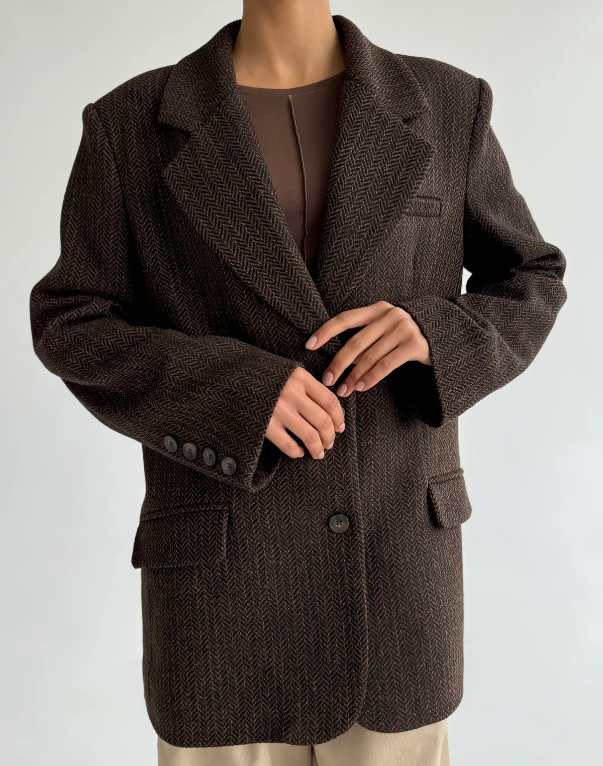 Жакет оверсайз вовняний у текстуру, бежевий - Фото 1