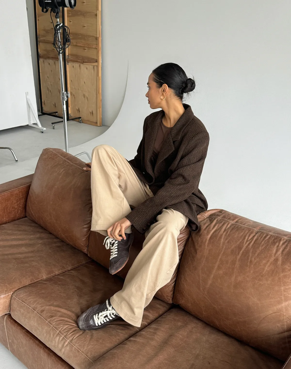 Жакет оверсайз вовняний у текстуру, бежевий - Фото 6