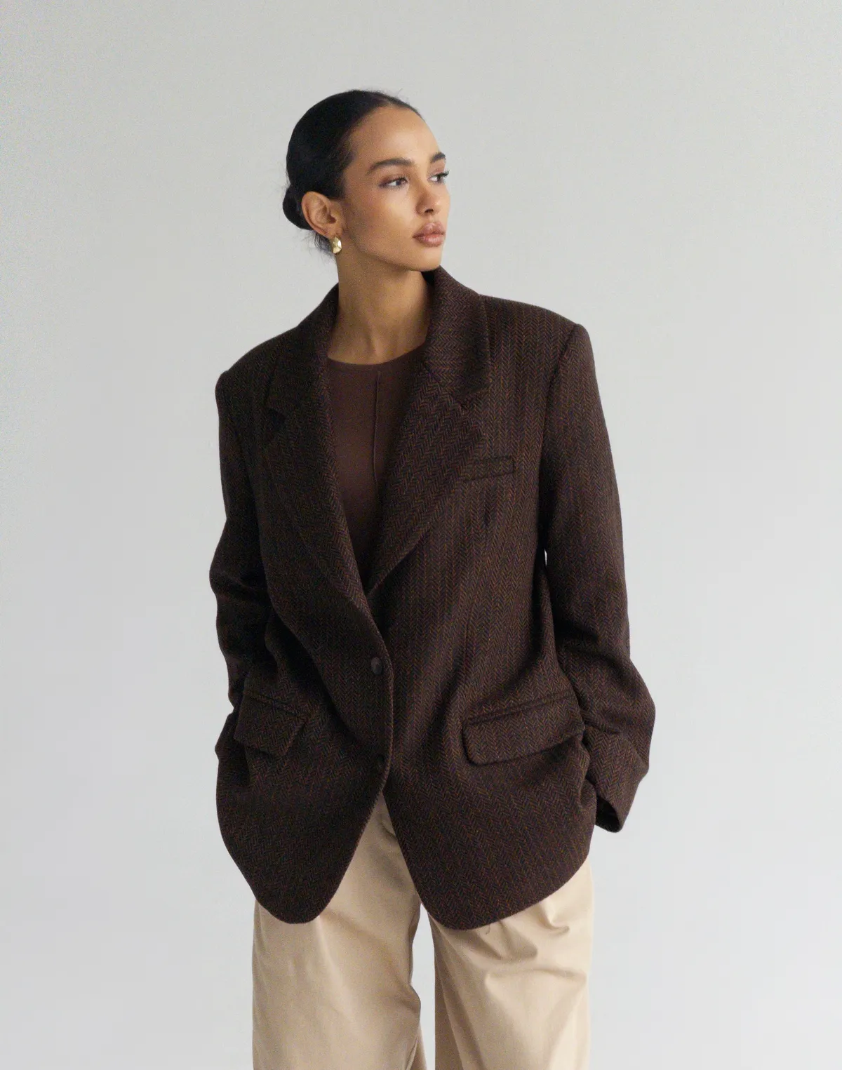 Жакет оверсайз вовняний у текстуру, бежевий - Фото 4