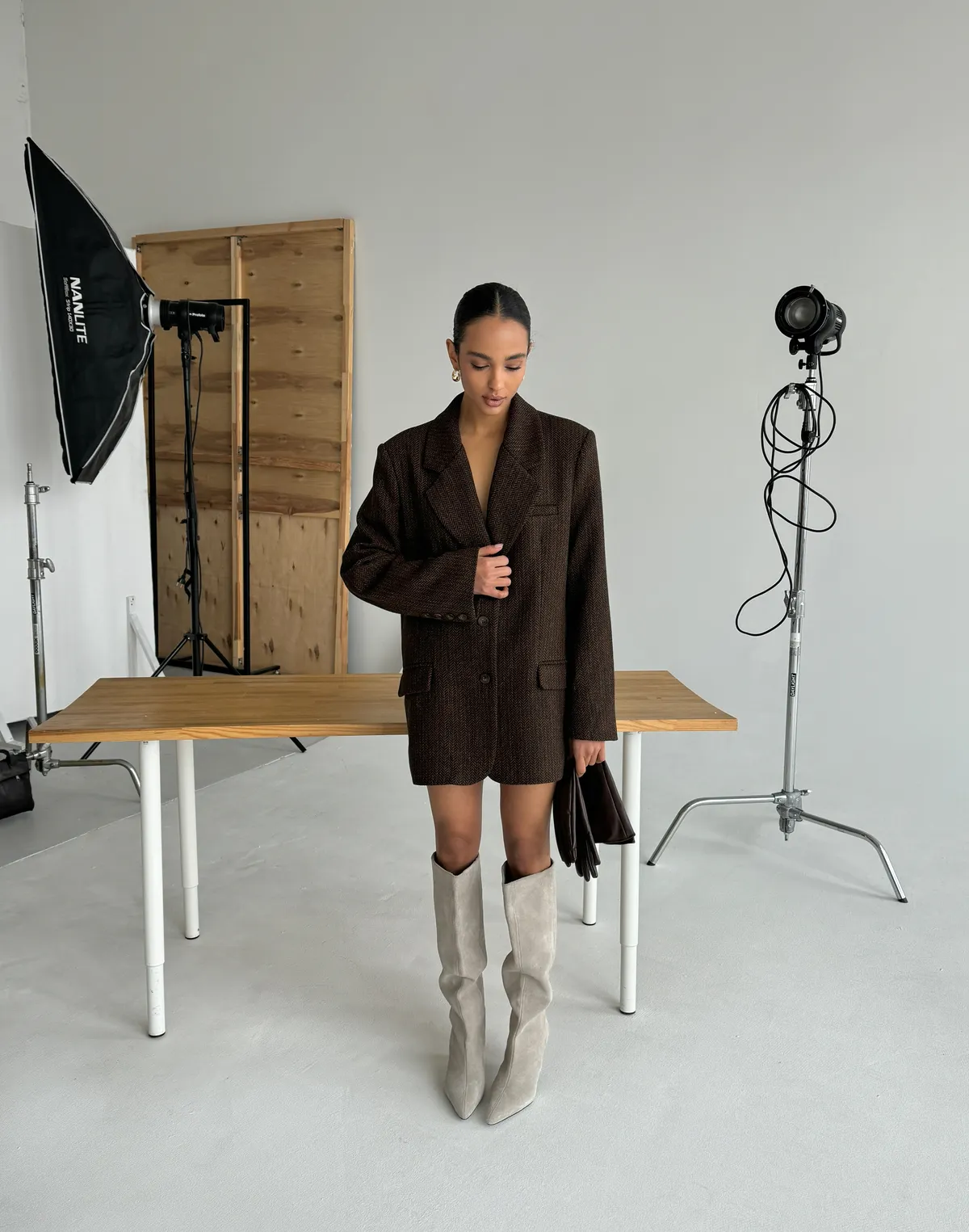 Жакет оверсайз вовняний у текстуру, бежевий - Фото 3