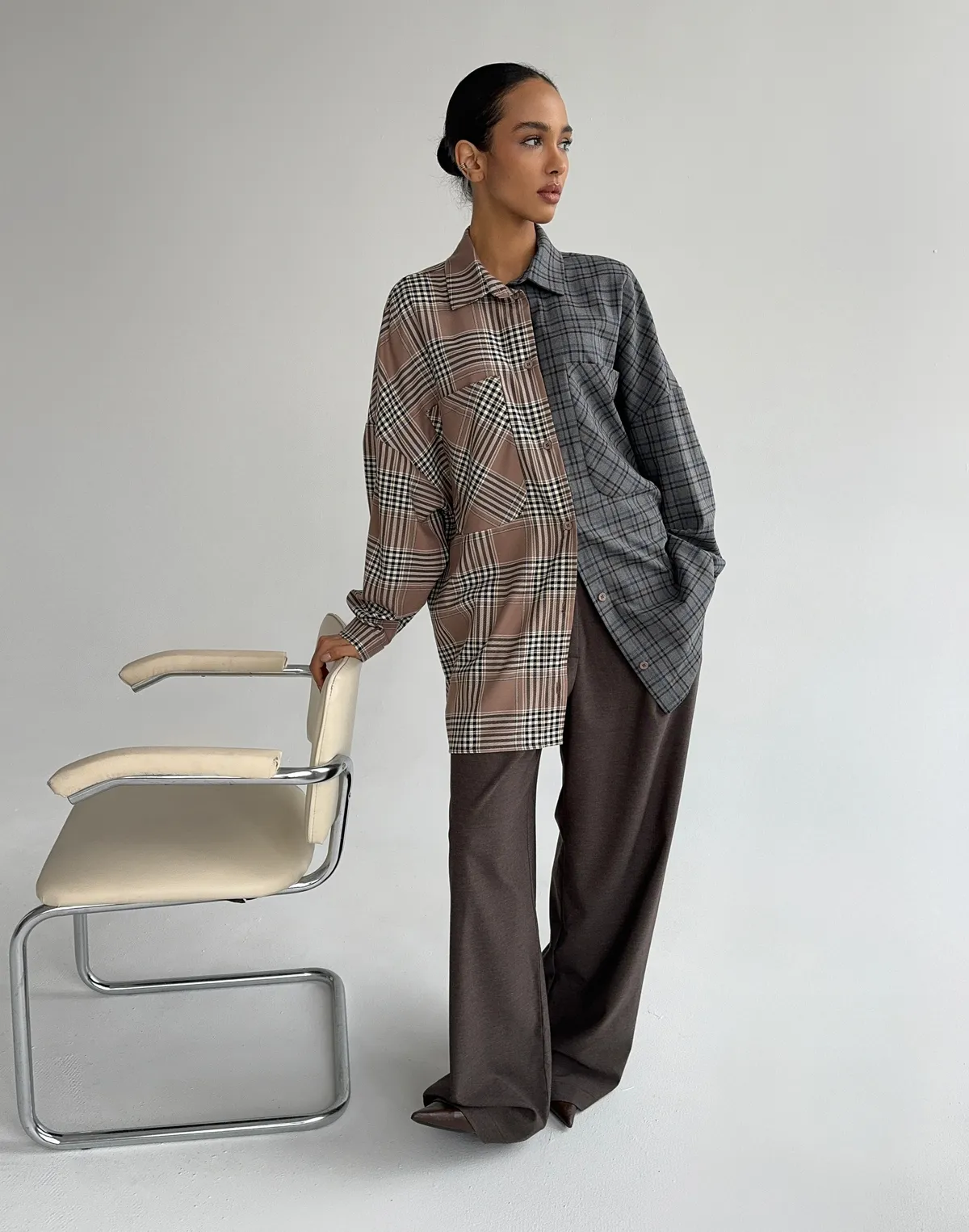 Двокольорова сорочка у клітинку, мокко клітинка та сіро-денімова - Фото 8