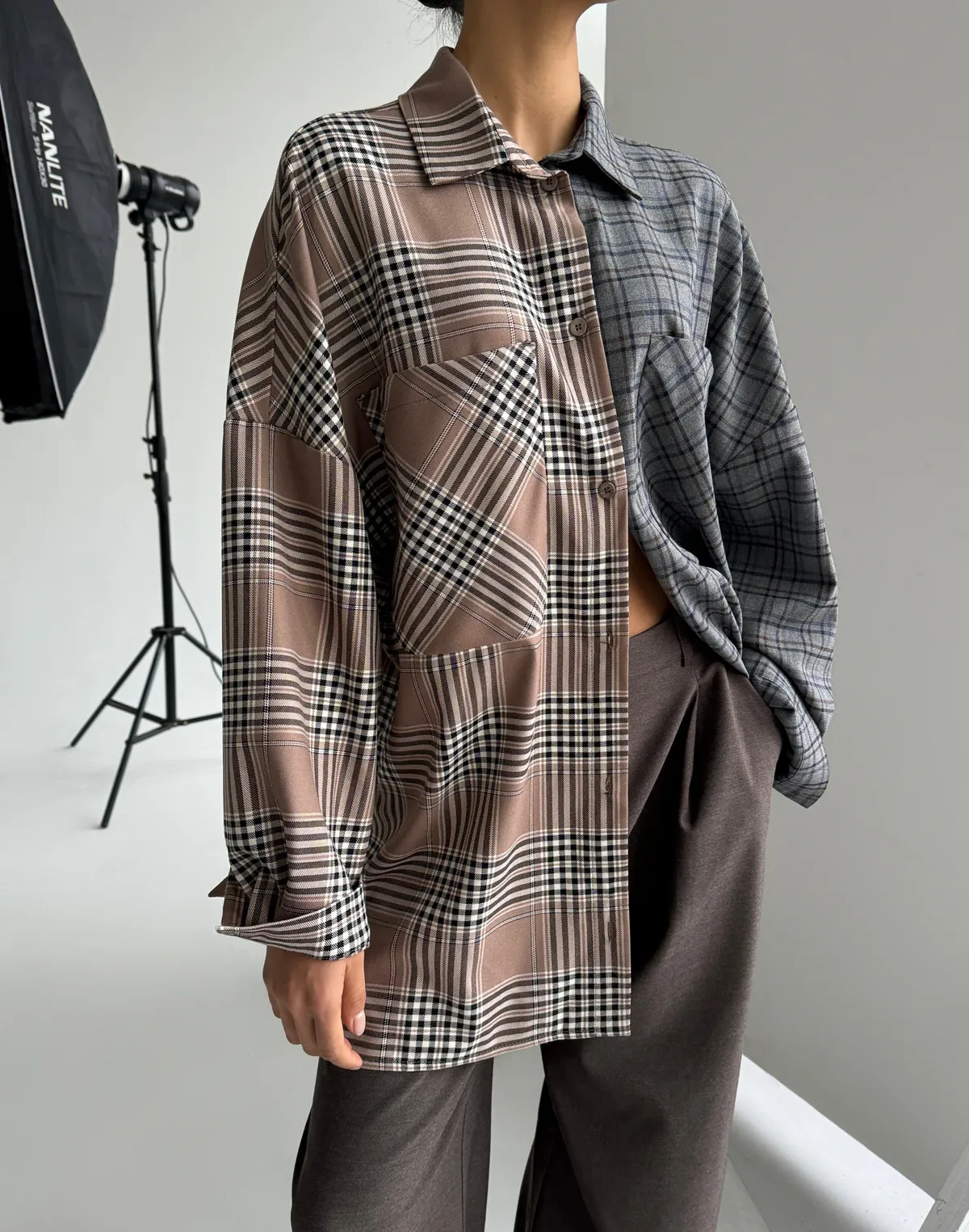 Двокольорова сорочка у клітинку, мокко клітинка та сіро-денімова - Фото 6