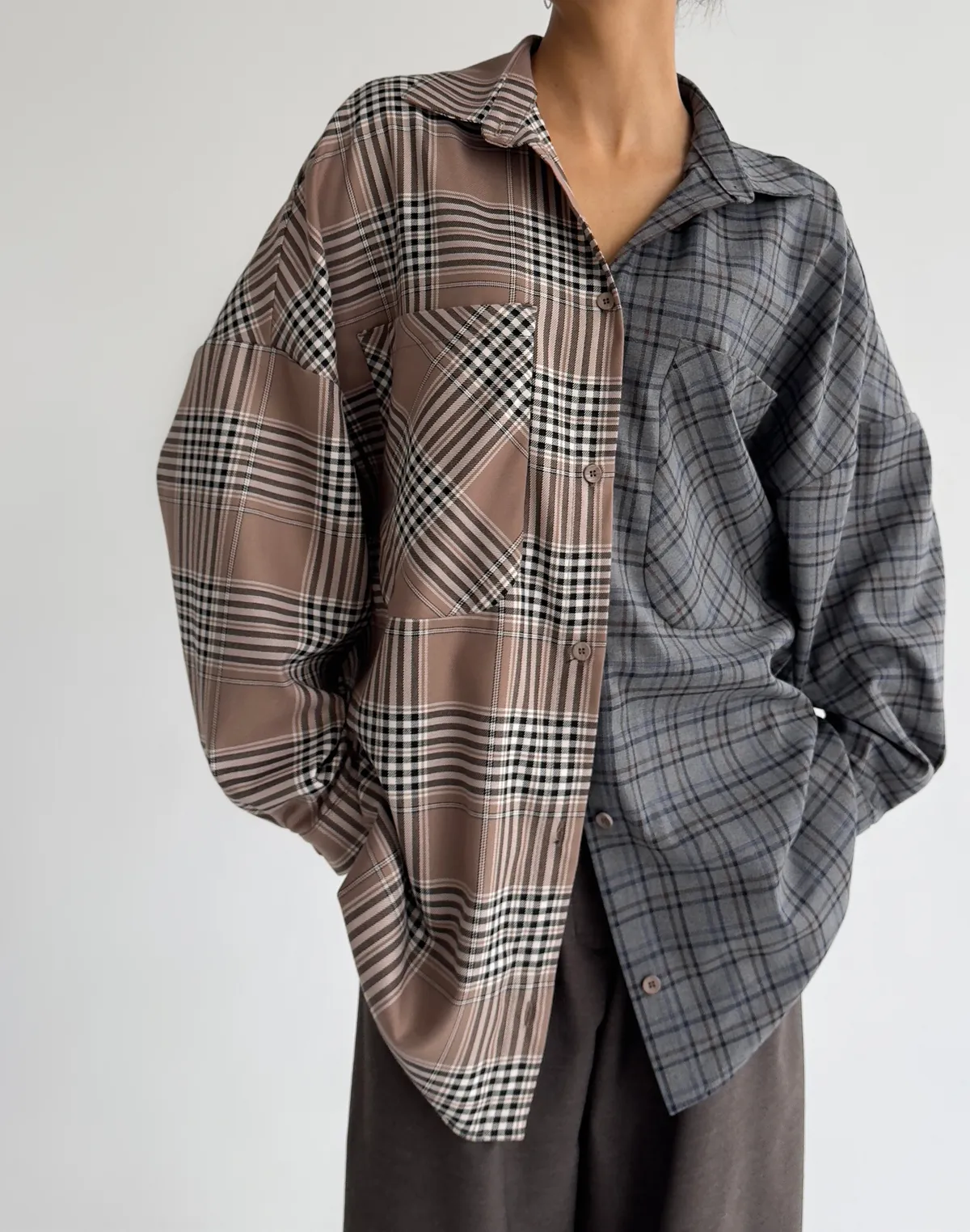 Двокольорова сорочка у клітинку, мокко клітинка та сіро-денімова - Фото 1
