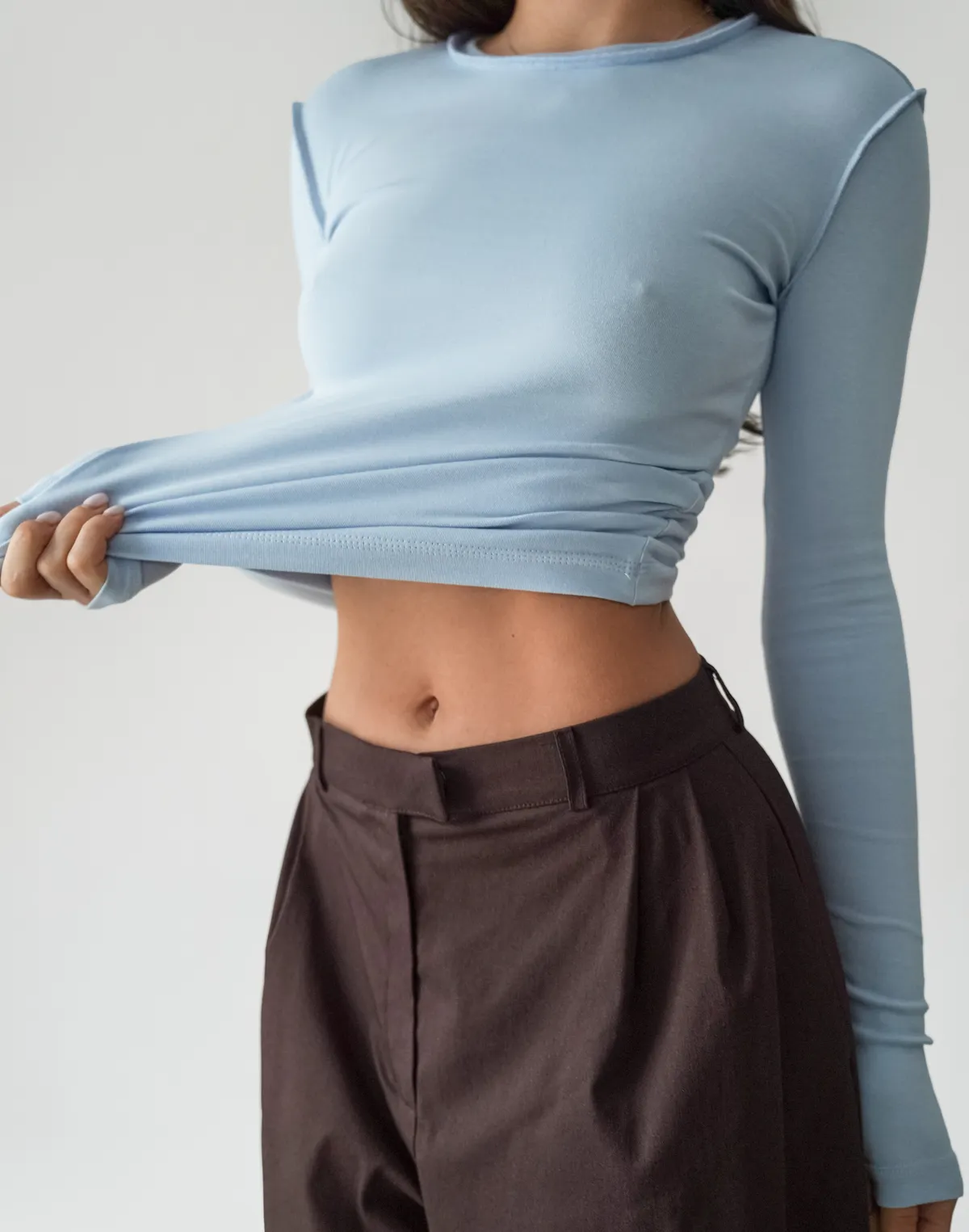 Лонгслів базовий осінній із виворітними швами, блакитний - Фото 7