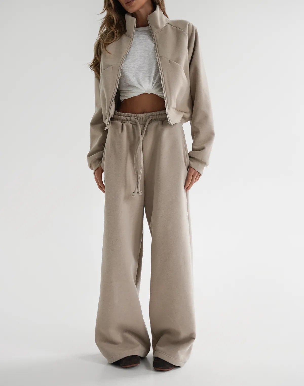 Комплект зимовий з начосом зіпер з декоративними швами та штани вільного крою, кава з молоком - Фото 1