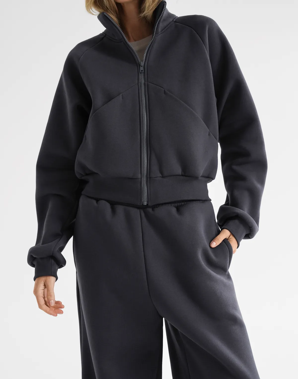 Зіпер з начосом з декоративними швами, темний графіт - Фото 1