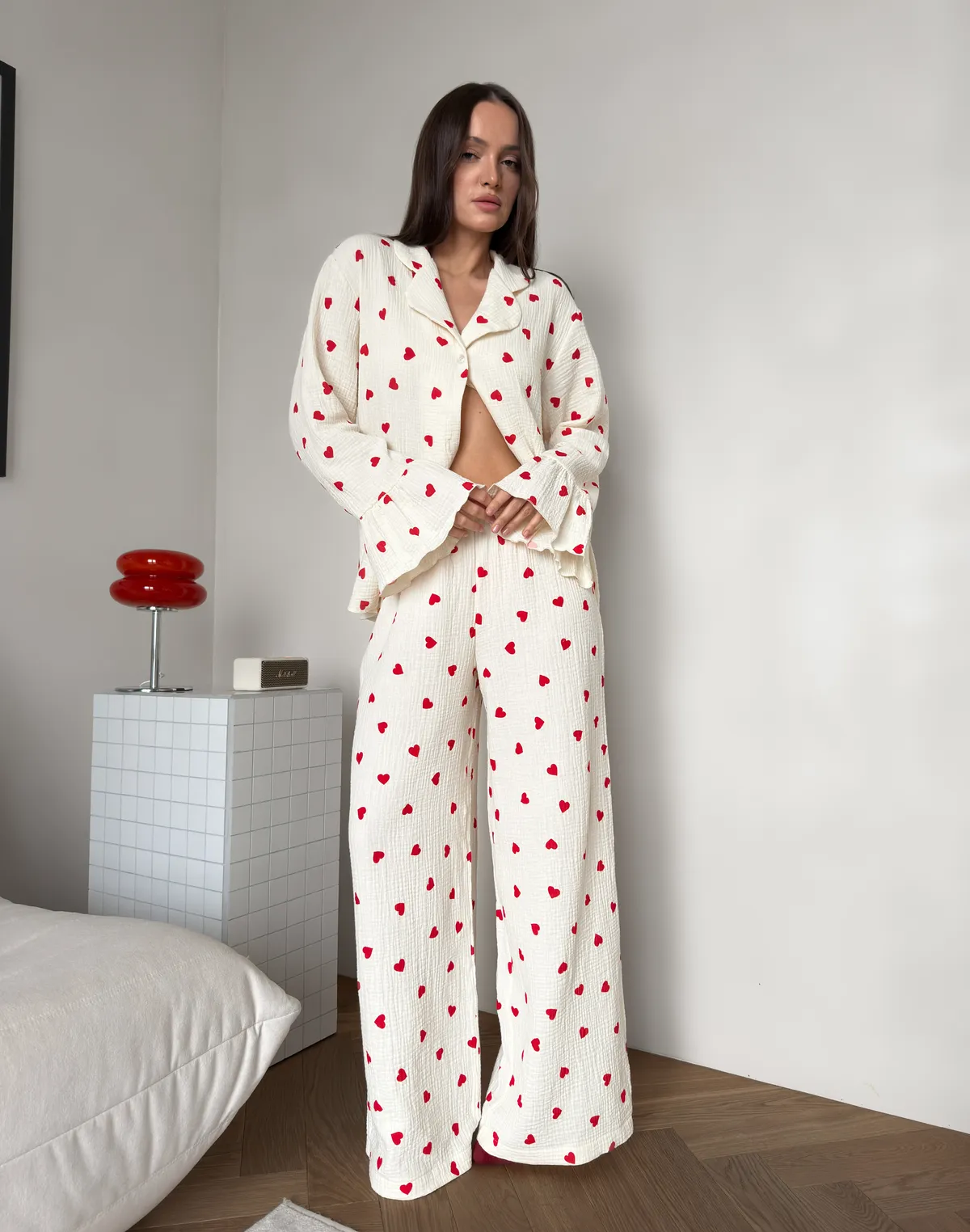 Комплект піжамний сорочка і штани, кремово-червоні - Фото 1