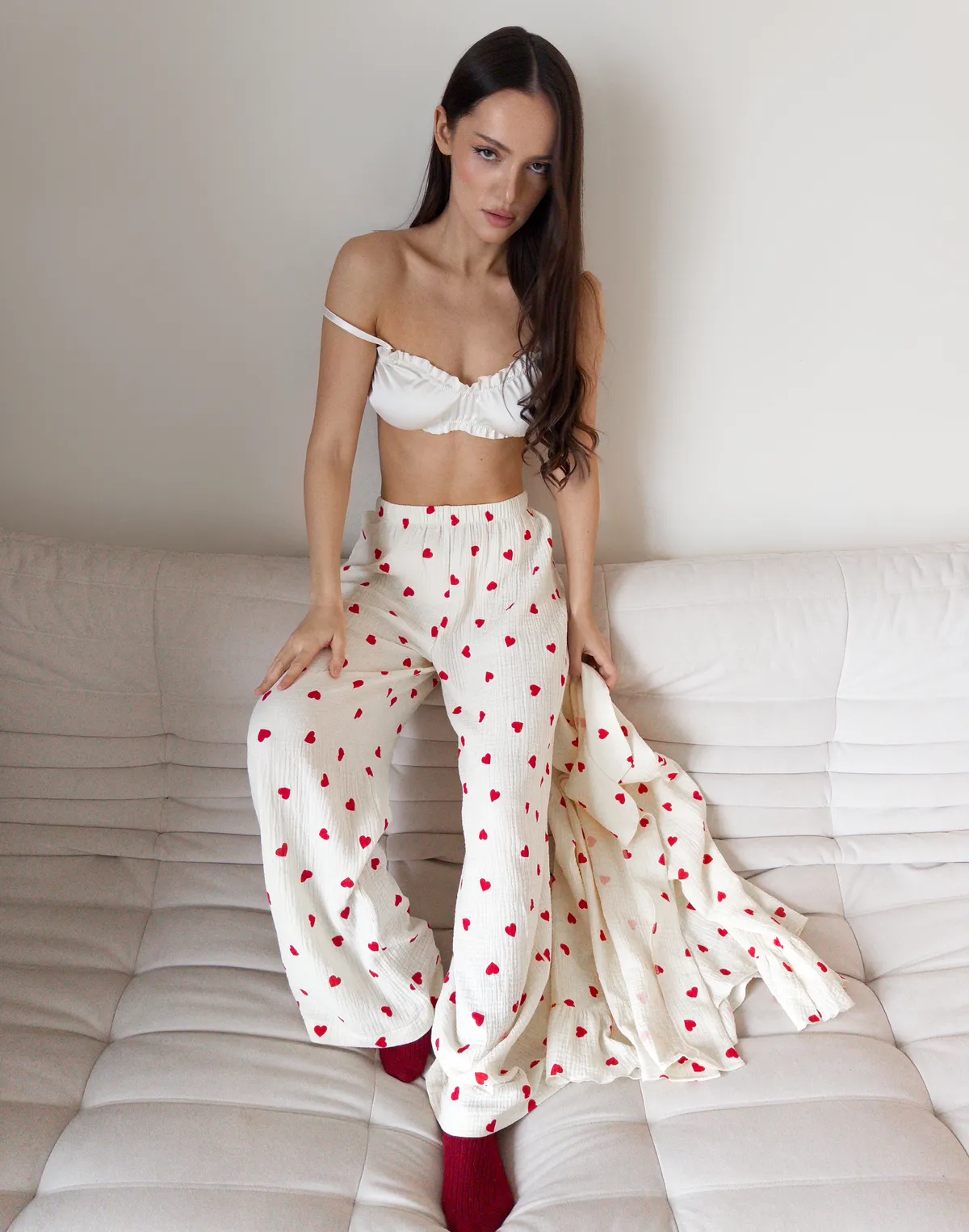 Штани піжамні, кремово-червоні - Фото 5