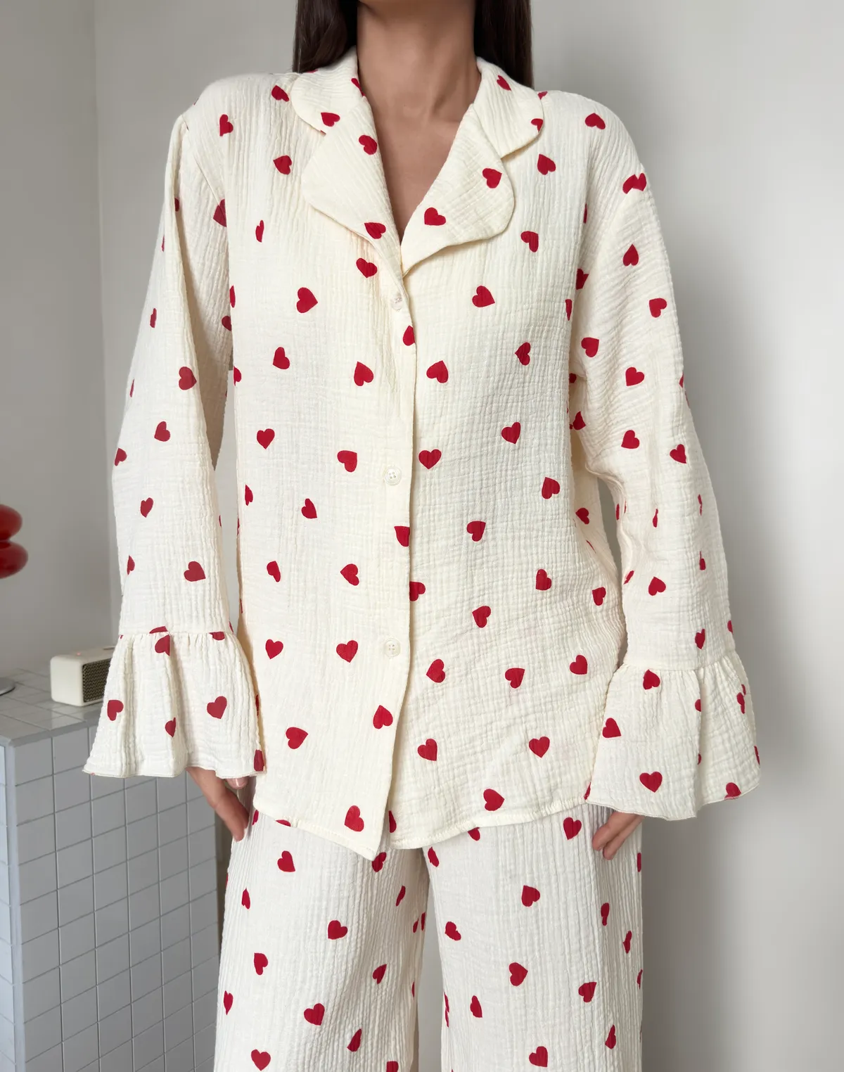 Сорочка піжамна, кремово-червона - Фото 1