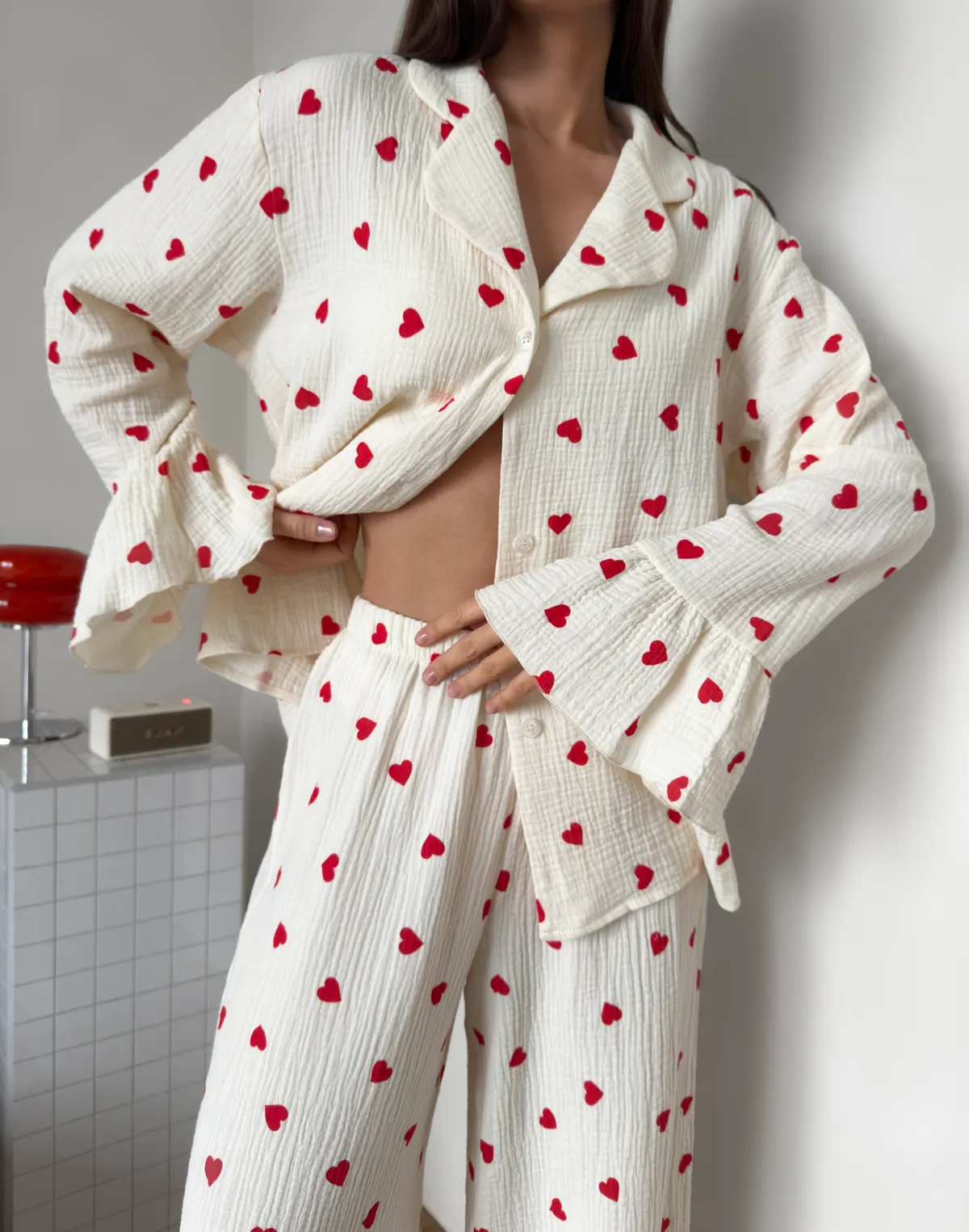 Сорочка піжамна, кремово-червона - Фото 6