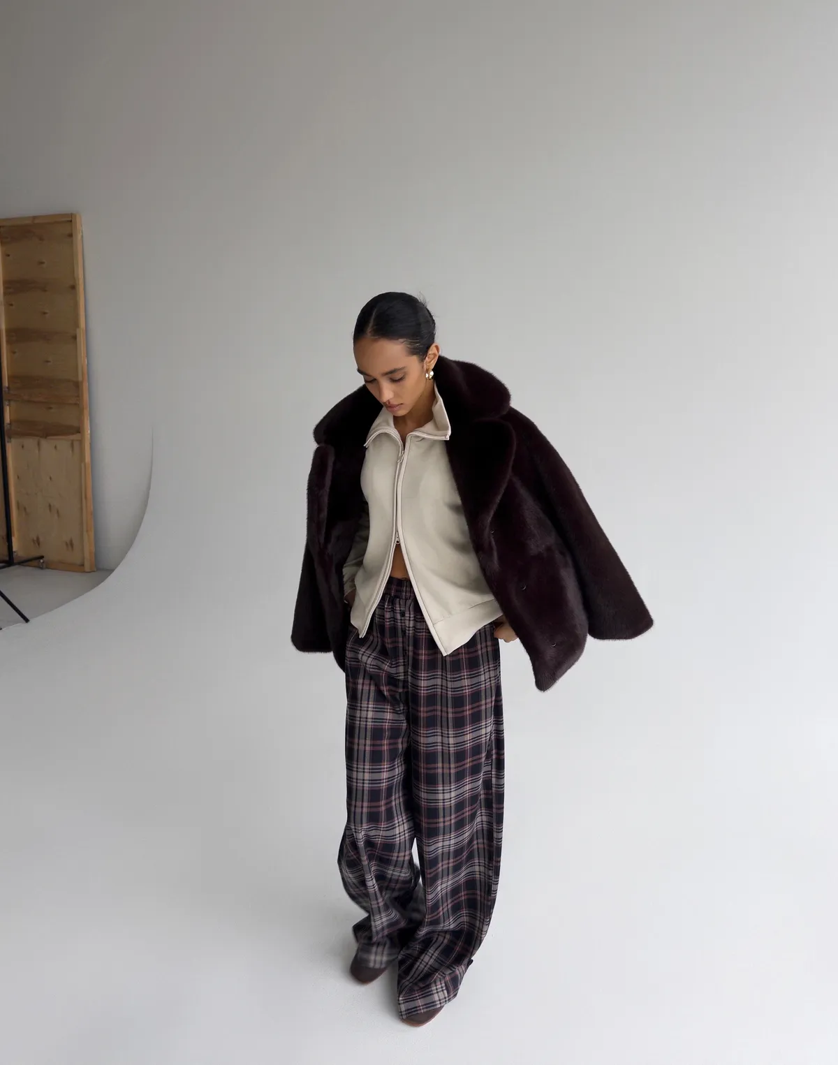 Штани у клітинку осінні у піжамному стилі, денімово-бежева клітинка - Фото 3