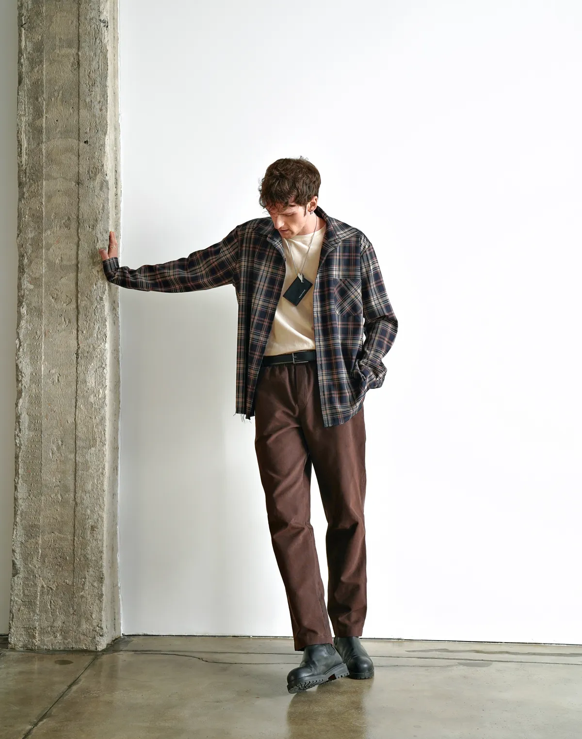 Сорочка чоловіча у клітинку, денімово-бежева - Фото 3