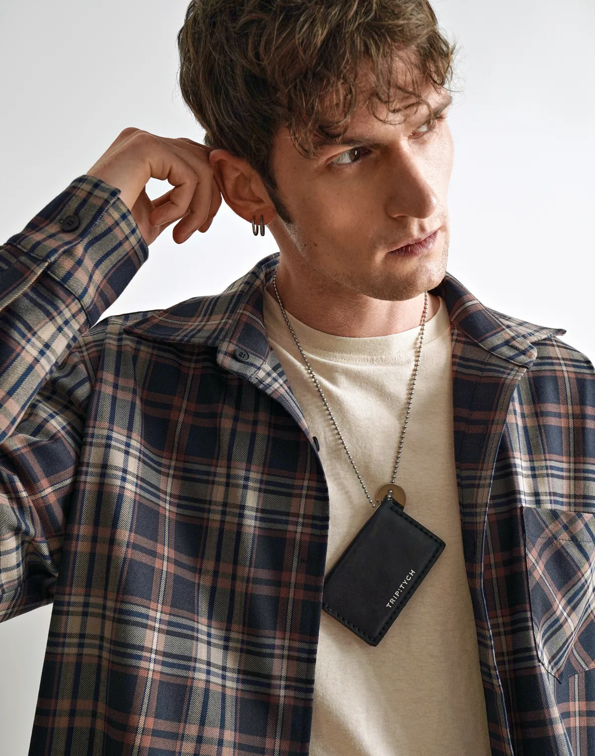 Сорочка чоловіча у клітинку, денімово-бежева - Фото 7