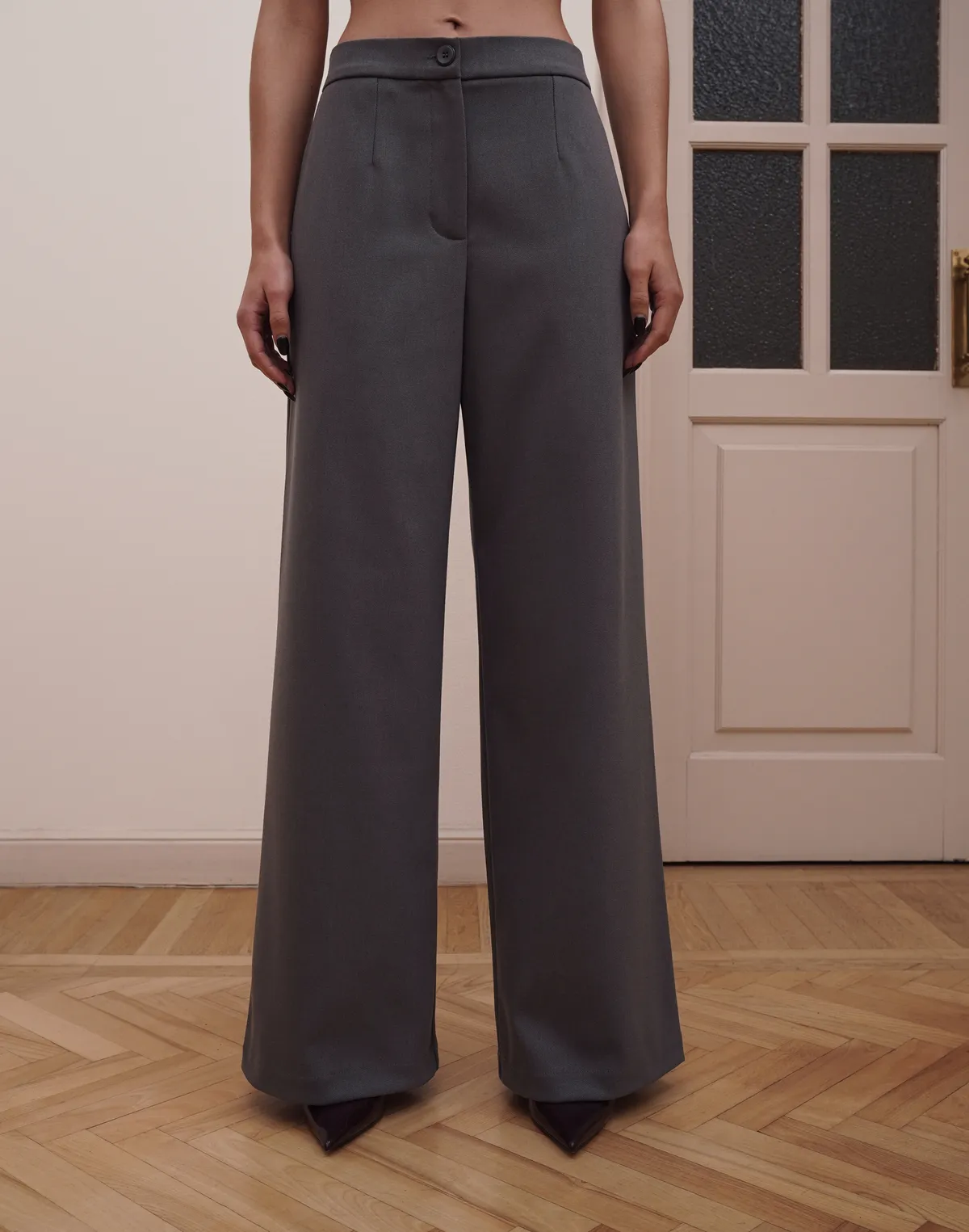 Штани прямого крою з високою посадкою, графіт - Фото 1