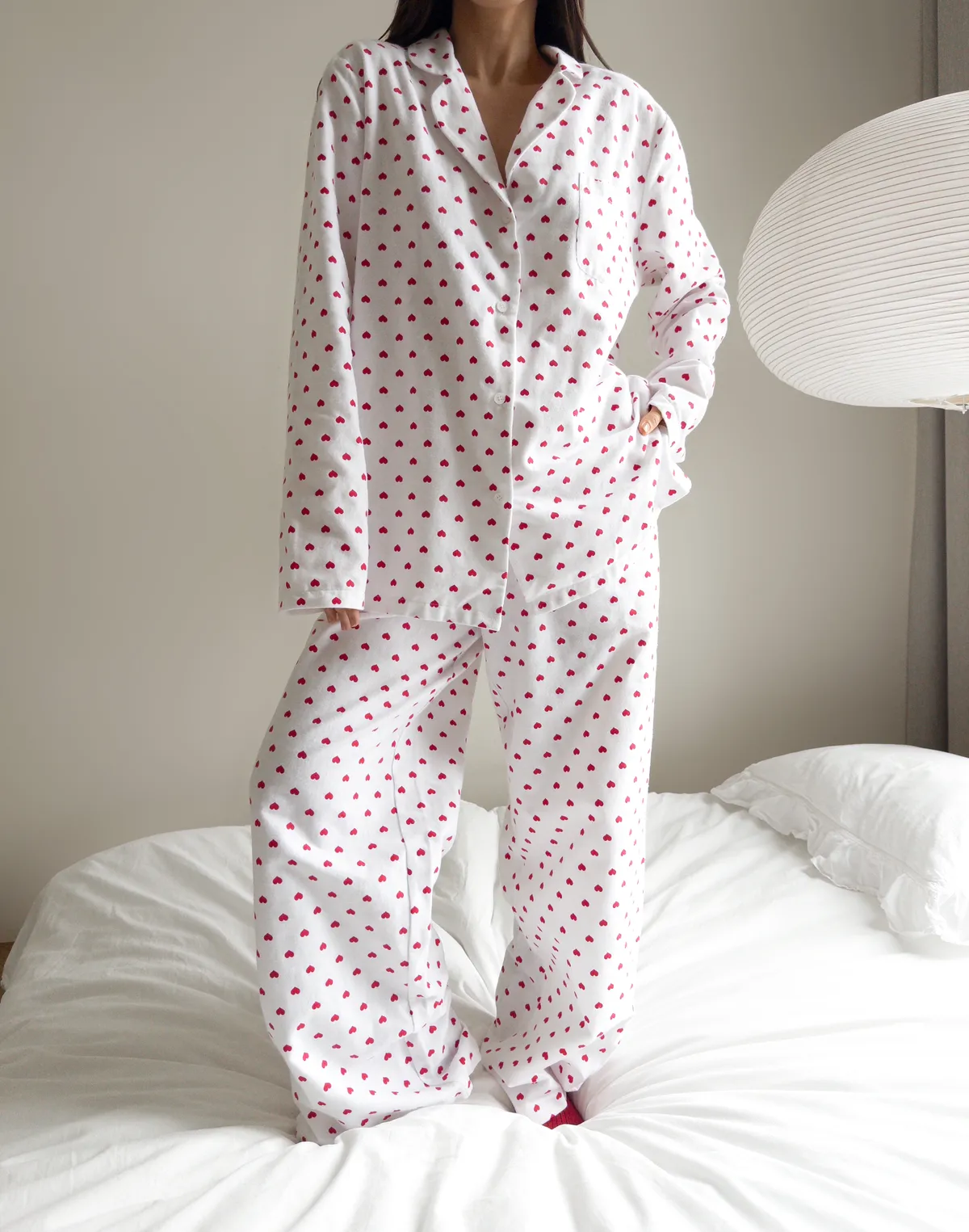 Байкові піжамні штани у сердечки, біло-червоні - Фото 7