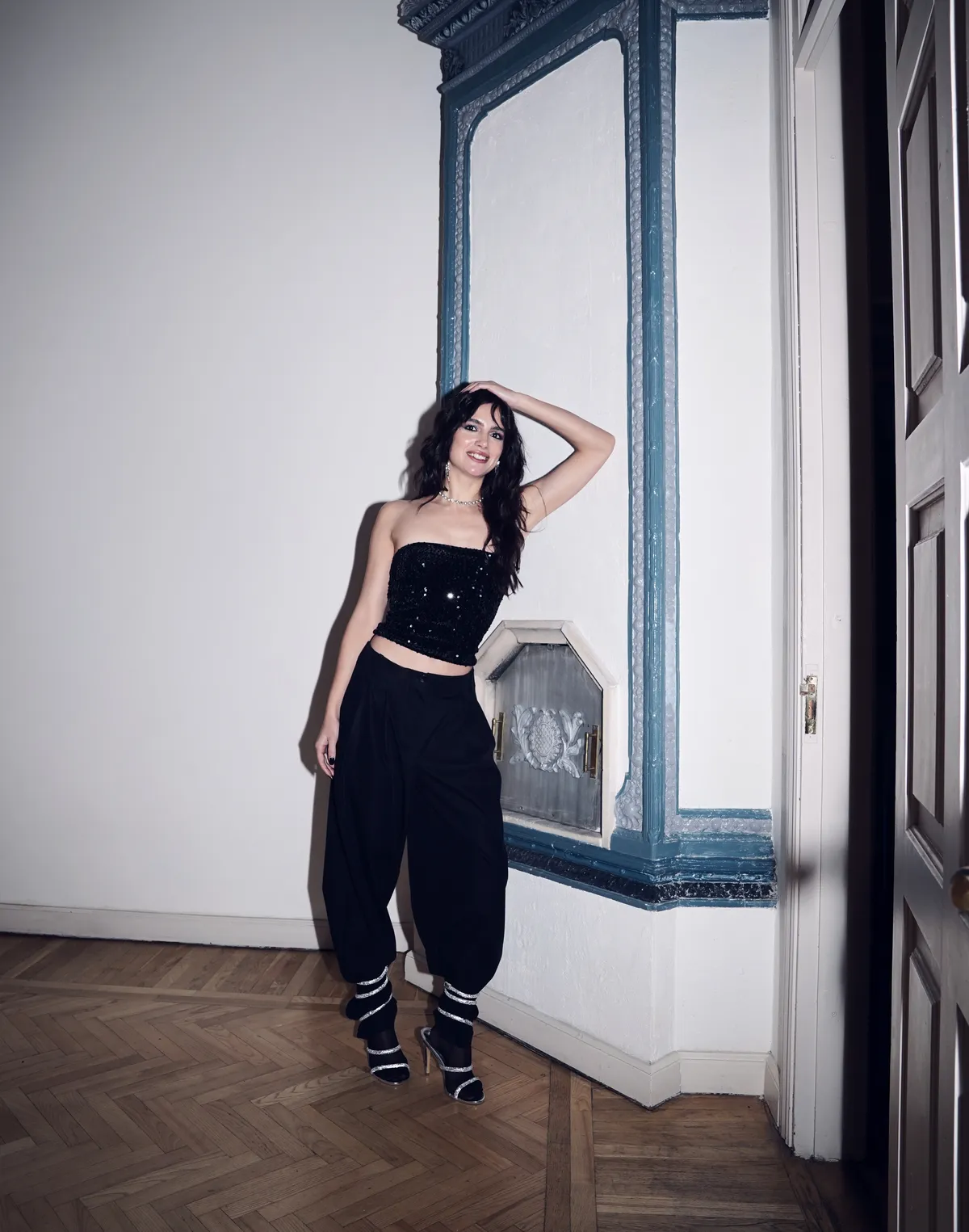 Топ-бандо з тканини з паєтками, синій - Фото 3