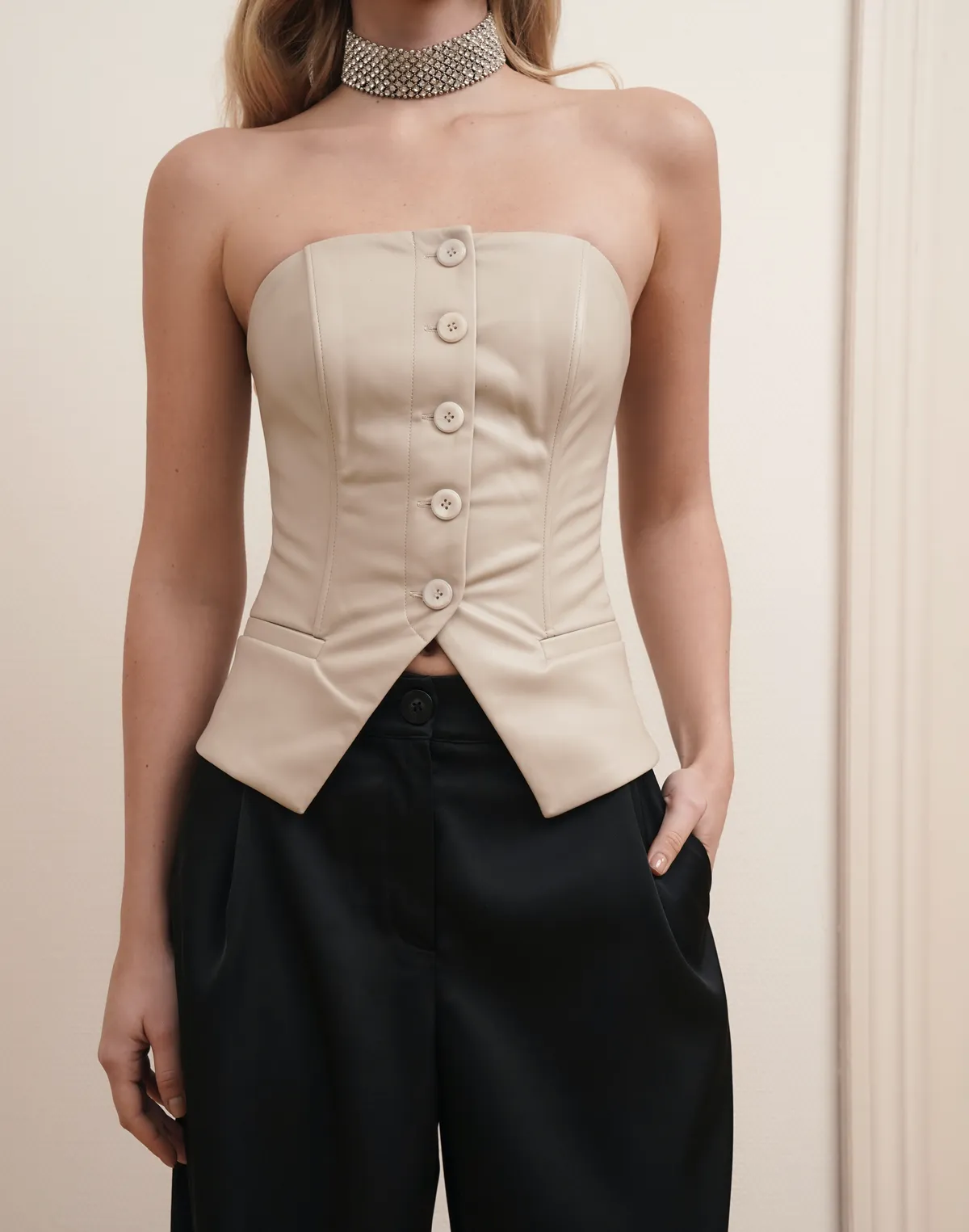 Корсет на ґудзиках з екошкіри, холодний беж - Фото 1