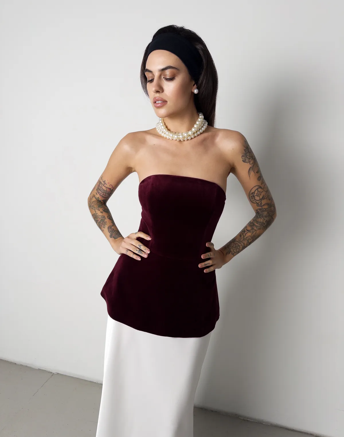 Топ велюровий зі 100% бавовни без бретелей подовжений, винний - Фото 4