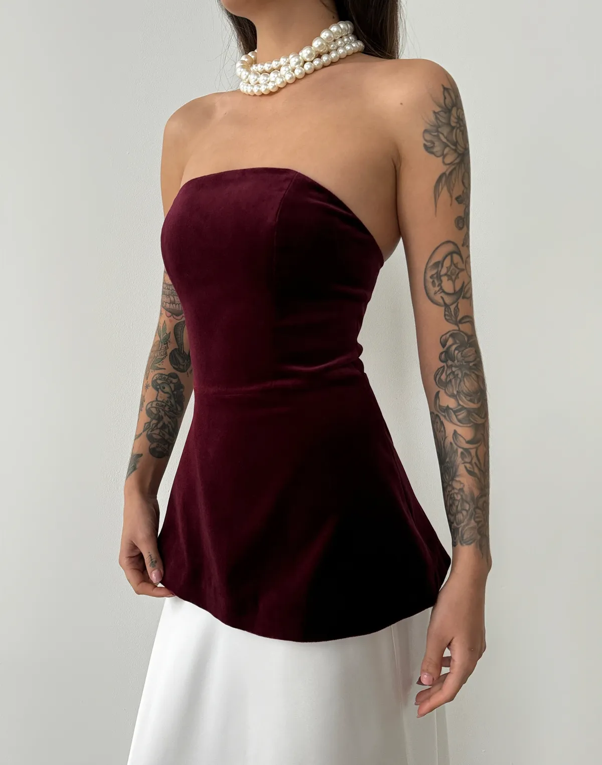 Топ велюровий зі 100% бавовни без бретелей подовжений, винний - Фото 5
