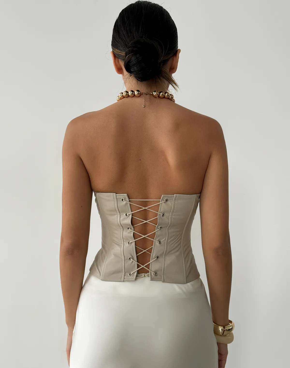 Корсет з екошкіри з зав`язками на спині, холодний беж - Фото 2