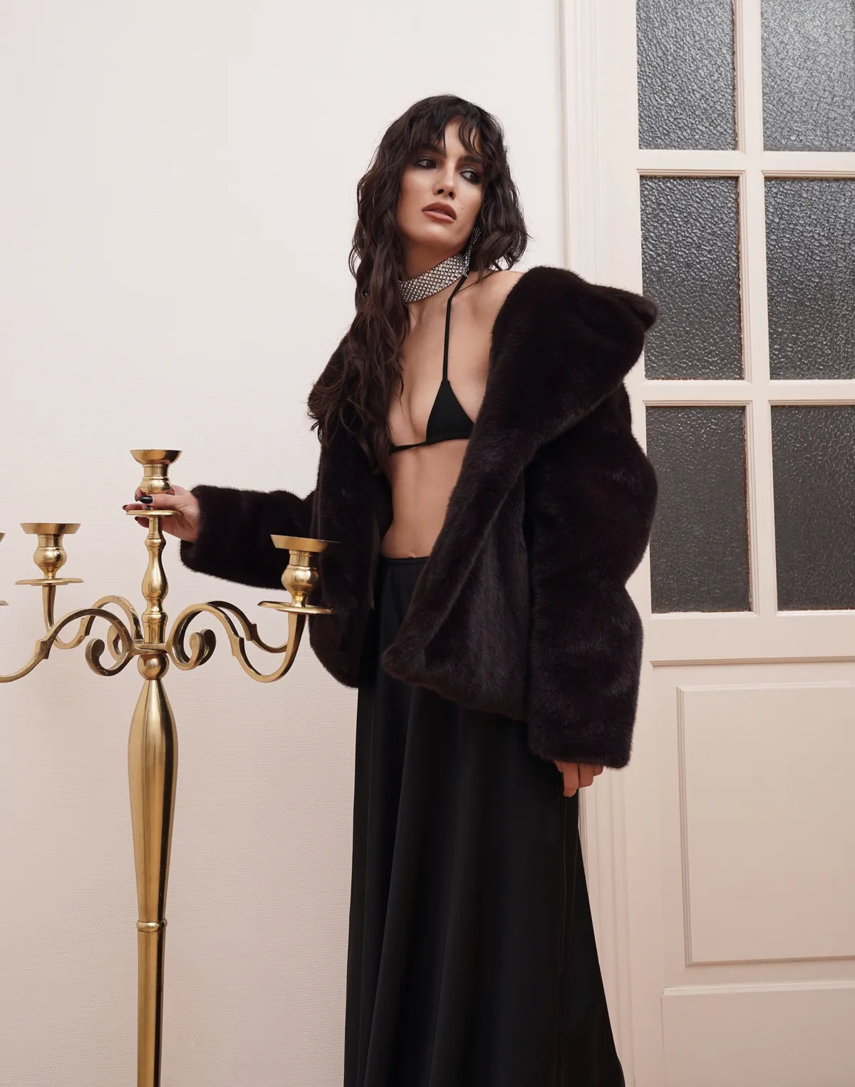 Спідниця максі сатинова з мереживом, чорна - Фото 2