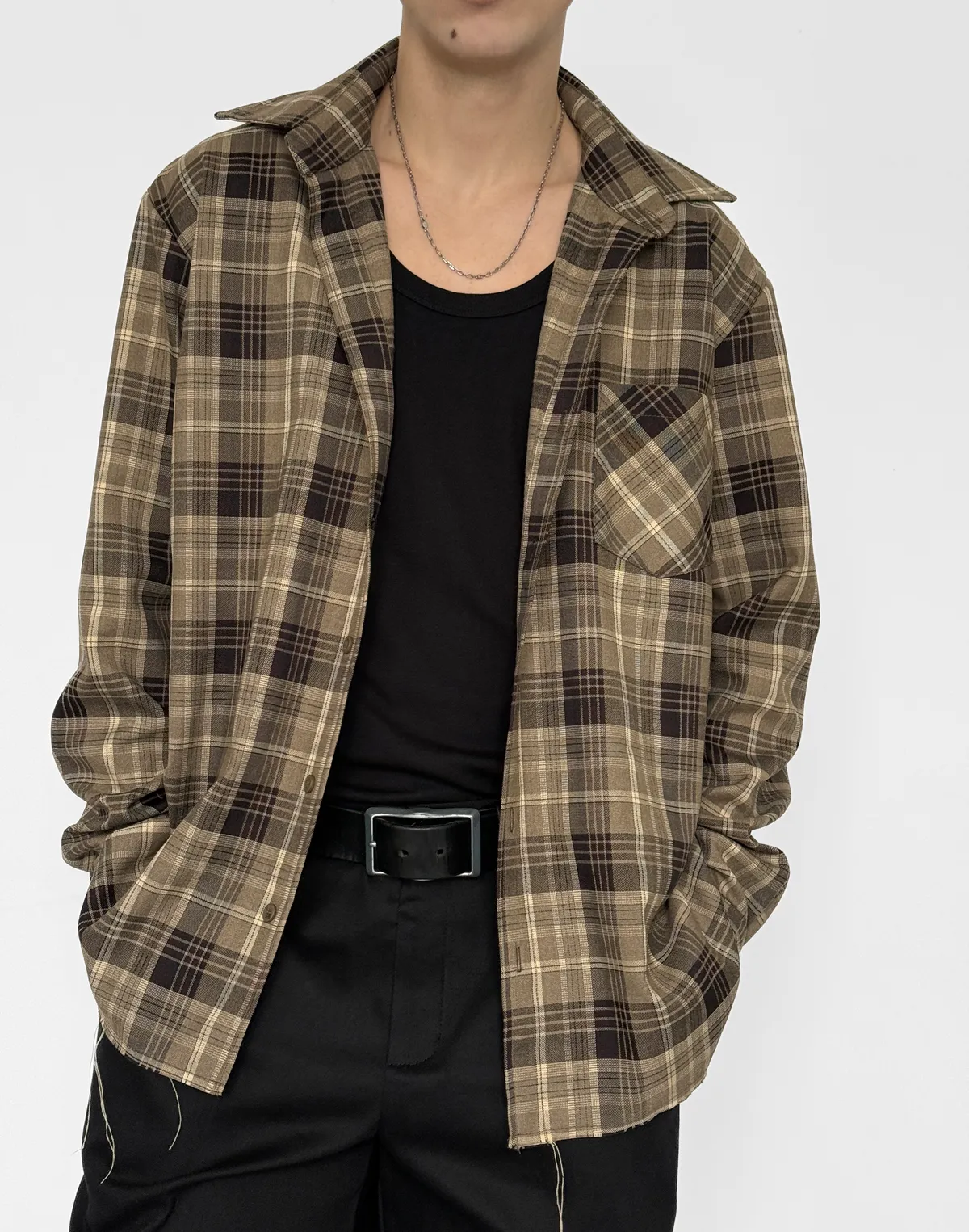 Сорочка чоловіча у клітинку, коричнево-бежева - Фото 7