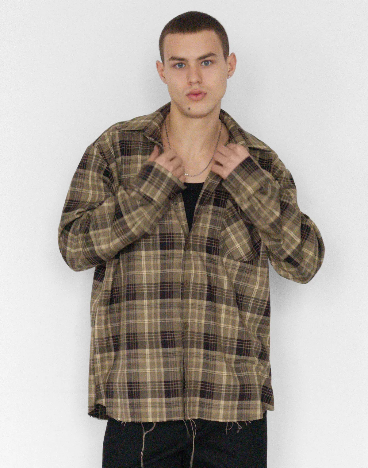 Сорочка чоловіча у клітинку, коричнево-бежева - Фото 6