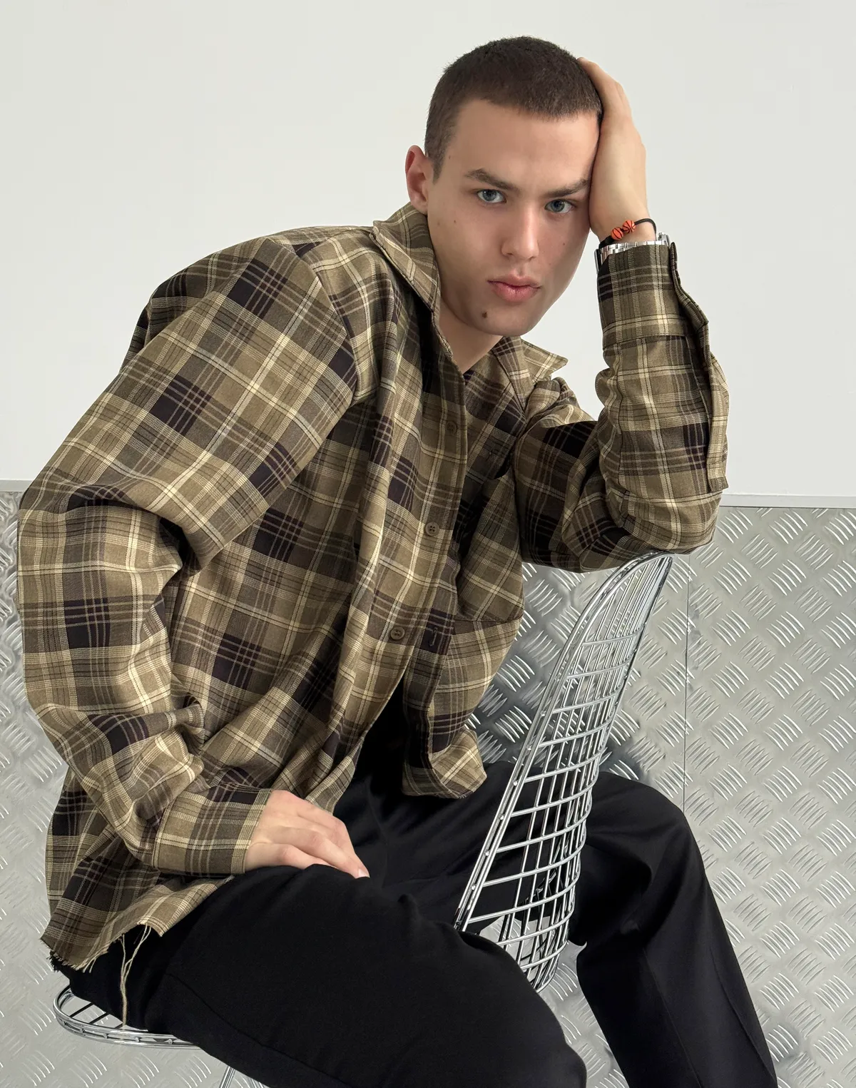 Сорочка чоловіча у клітинку, коричнево-бежева - Фото 3