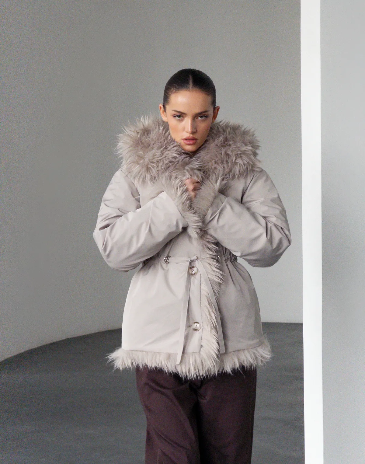 Двухстороння шуба-куртка зимова, попеляста - Фото 3