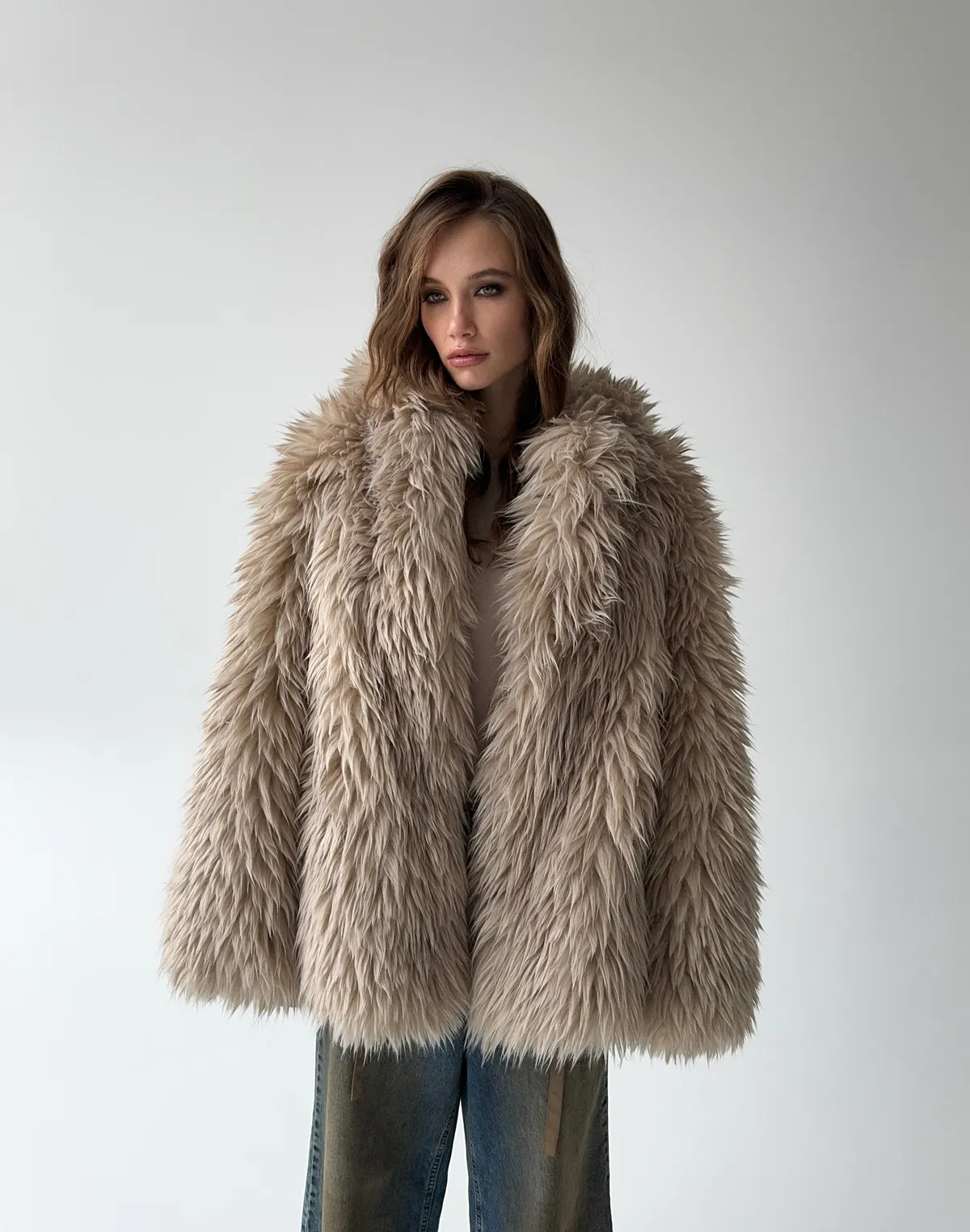 Двухстороння шуба-куртка зимова, бежева - Фото 8