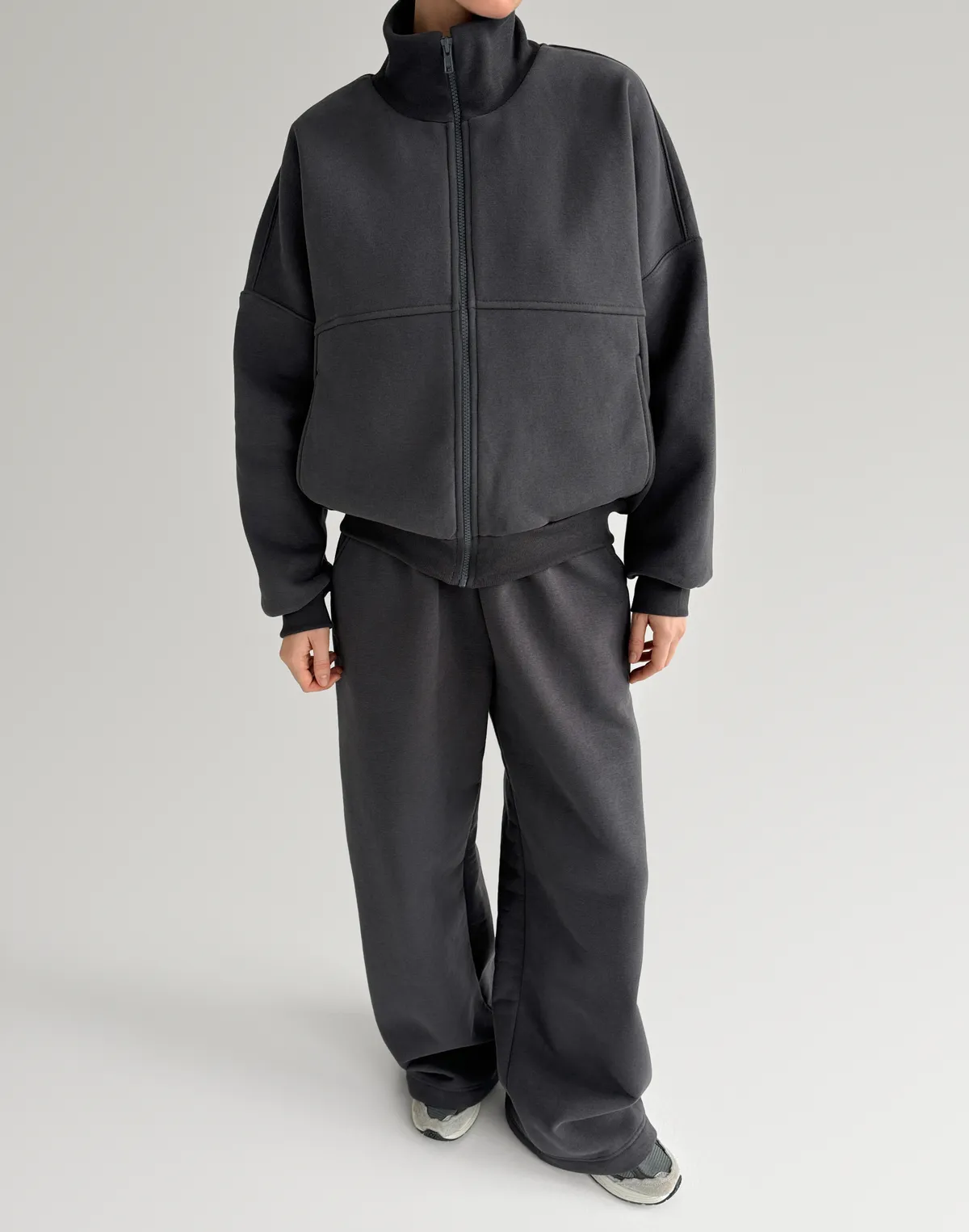 Комплект з начосом світшот на блискавці з декоративними швами та штани на затяжках по низу, графітові - Фото 1