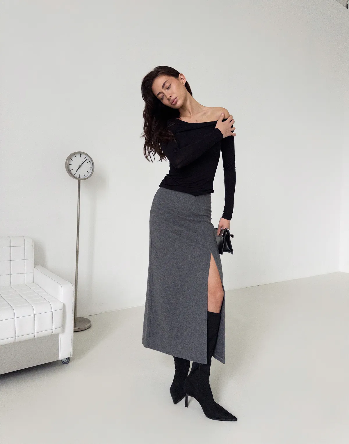 Спідниця максі з розрізом з вовняної тканини, сіра - Фото 6