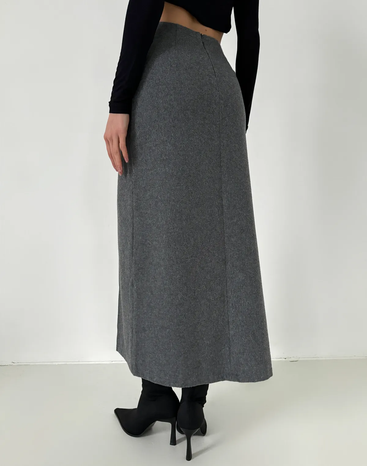 Спідниця максі з розрізом з вовняної тканини, сіра - Фото 2