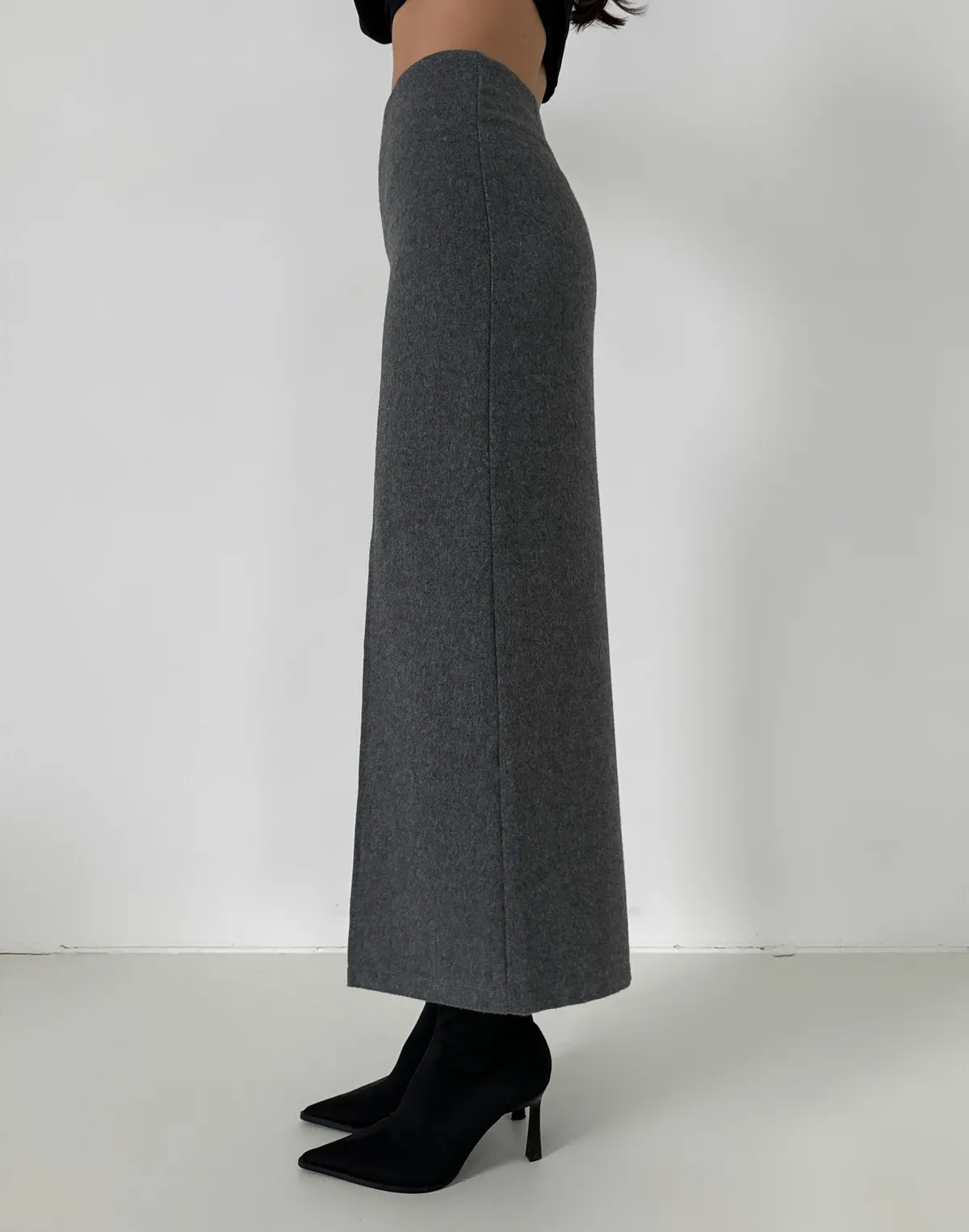 Спідниця максі з розрізом з вовняної тканини, сіра - Фото 5