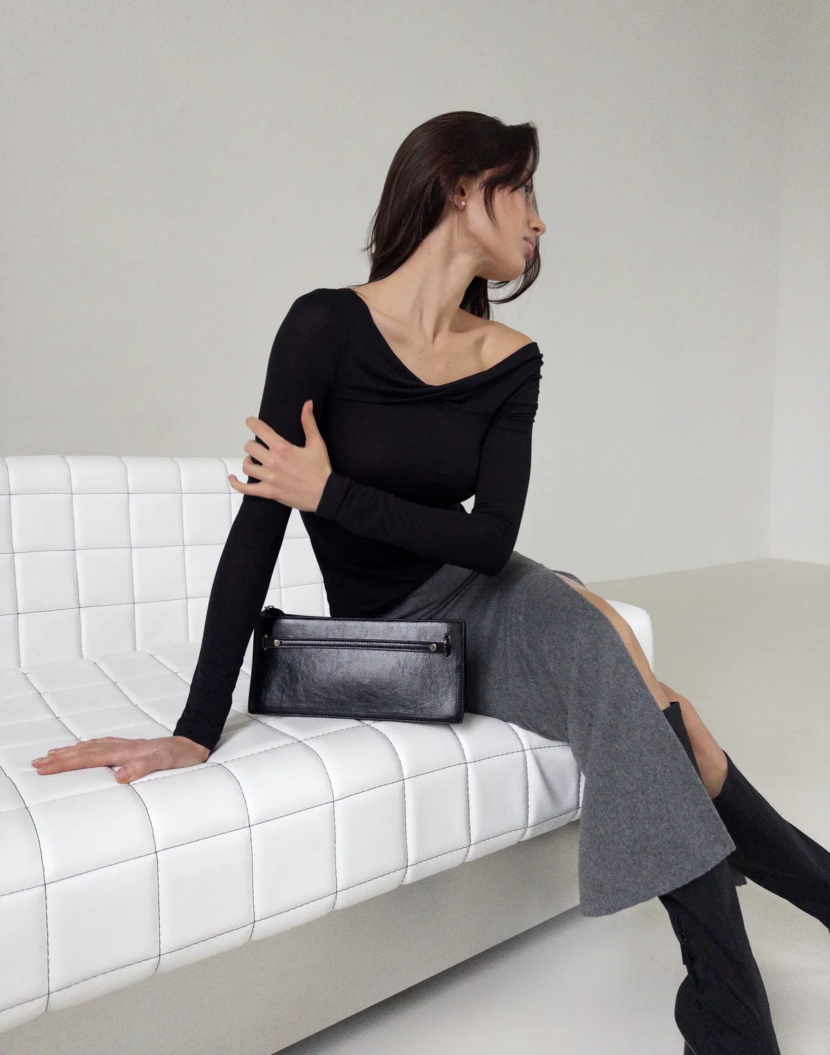 Спідниця максі з розрізом з вовняної тканини, сіра - Фото 4