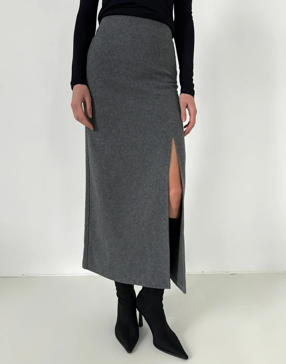 Спідниця максі з розрізом з вовняної тканини, сіра - Фото 1