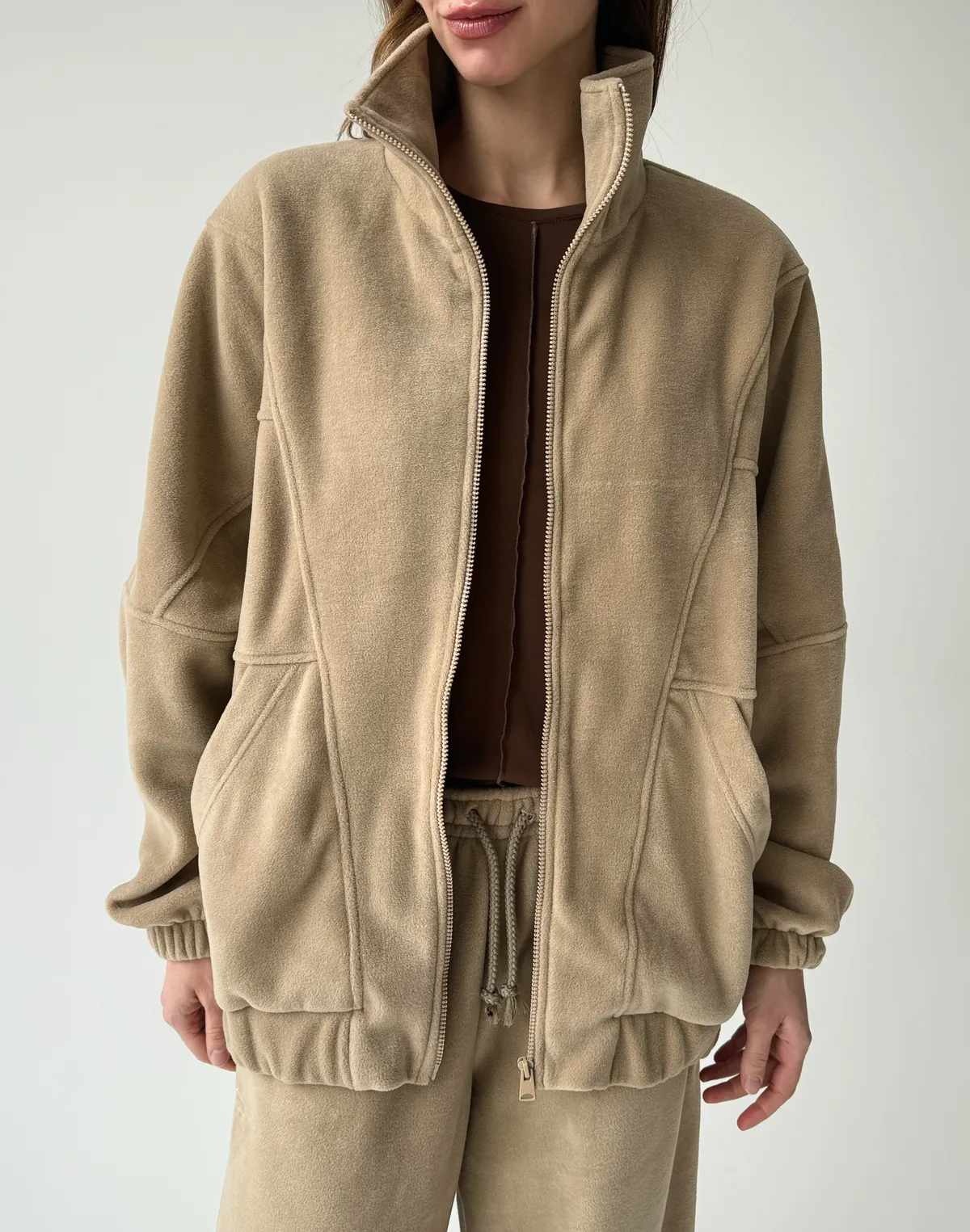 Зіпер оверсайз флісовий з декоративними швами, бежевий - Фото 1