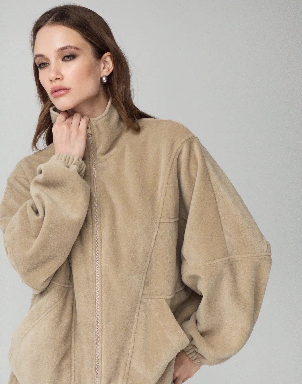 Зіпер оверсайз флісовий з декоративними швами, бежевий - Фото 5