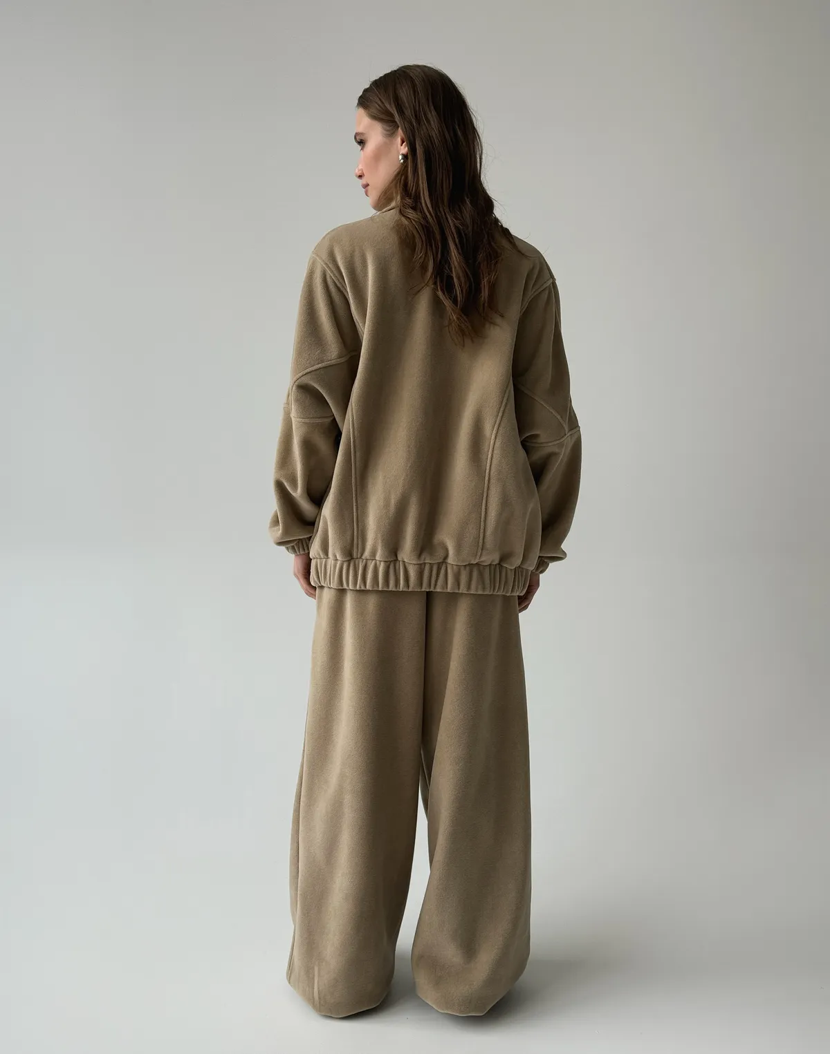 Комплект флісовий зіпер оверсайз з декоративними швами та штани вільного крою, бежеві - Фото 2