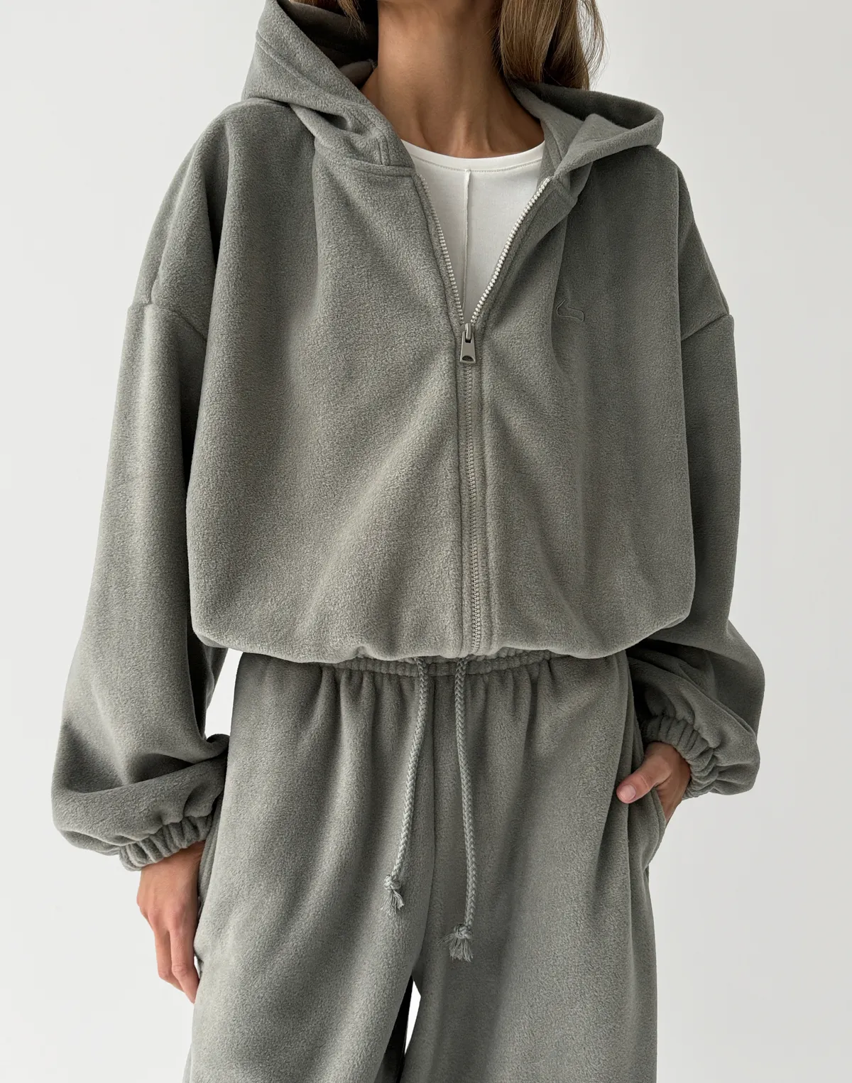 Флісовий зіпер вільного крою із затяжкою, теплий сірий - Фото 1