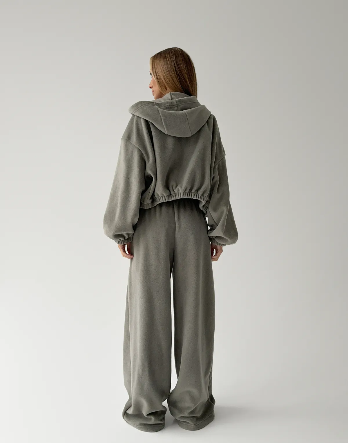 Комплект флісовий зіпер із затяжкою та штани вільного крою, теплий сірий - Фото 2