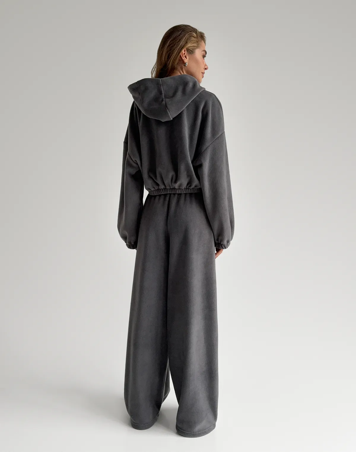 Комплект флісовий зіпер із затяжкою та штани вільного крою, темно-сірі - Фото 2