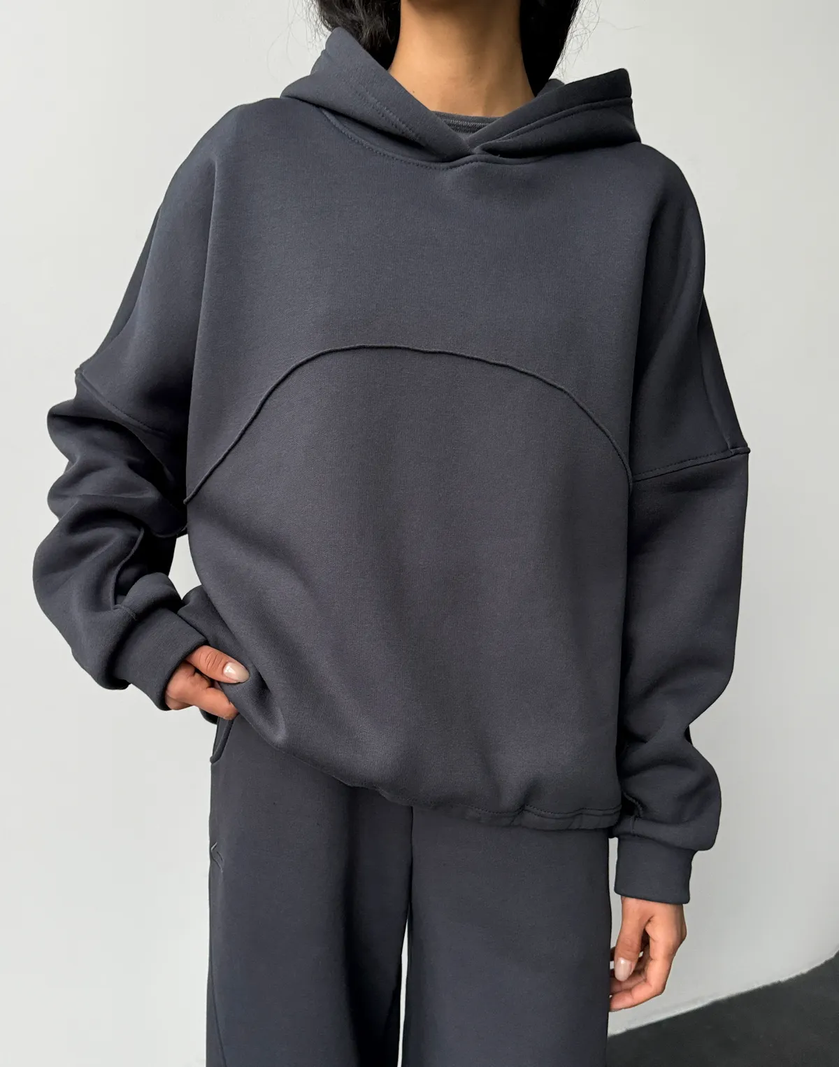 Худі оверсайз з декоративним швом, темний графіт - Фото 1