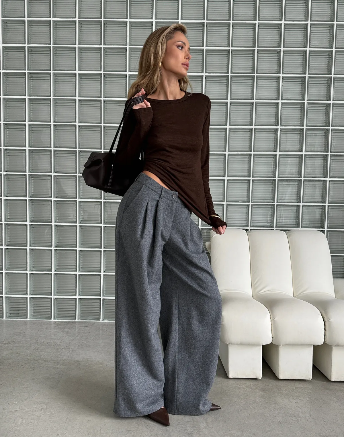 Zimowe spodnie oversize z 40% wełny, szary - Фото 7